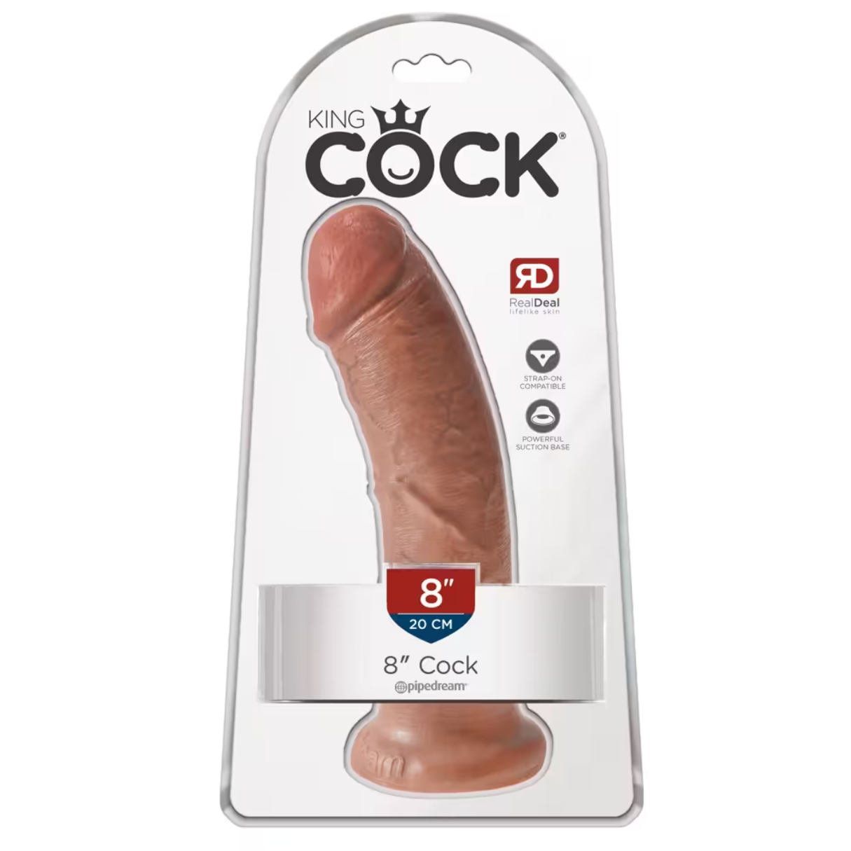 Ein brauner Dildo in der Verpackung. Auf der Verpackung steht 'King Cock'. Er ist 8 Zoll lang und hat einen Saugfuß. Die Marke ist Pipedream.