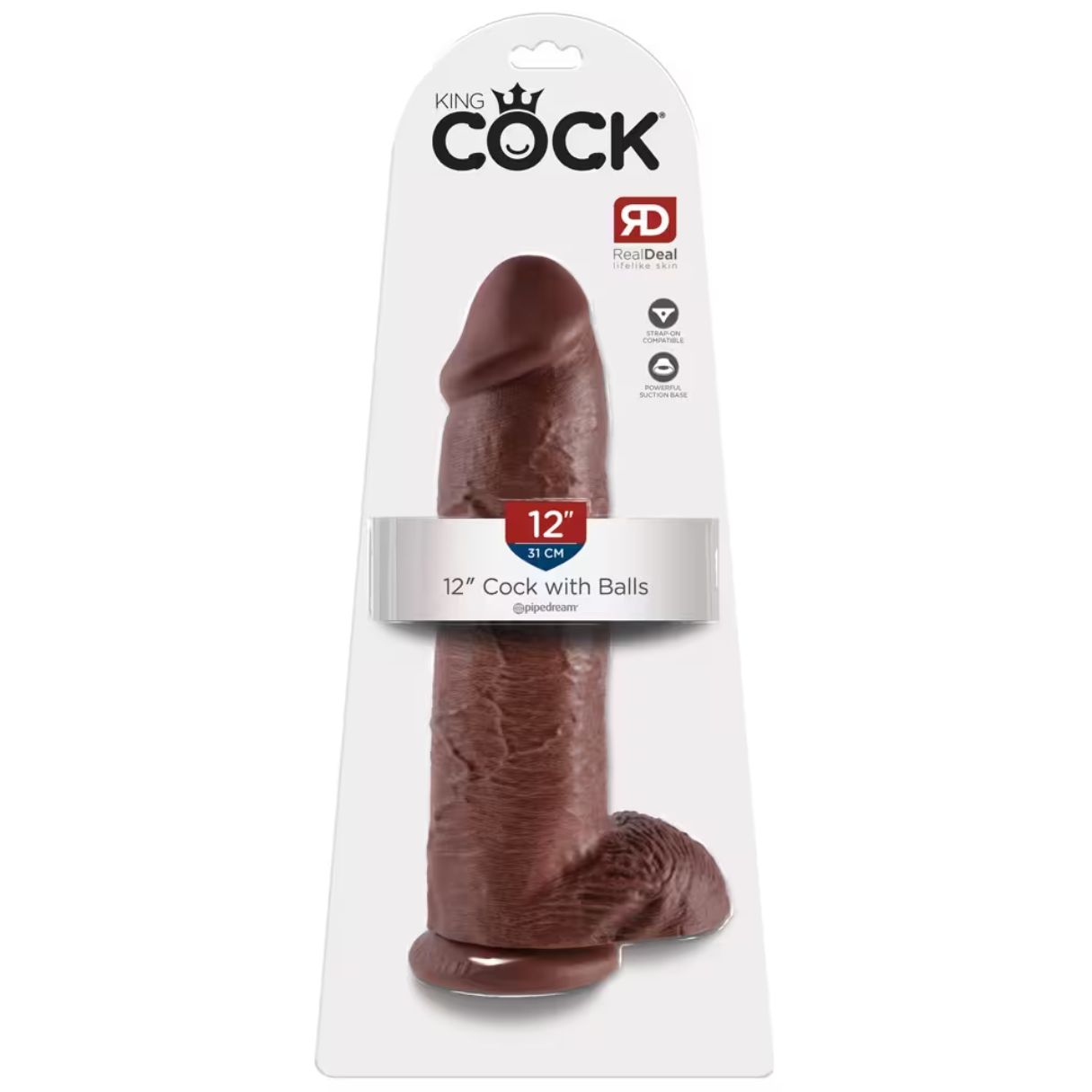 Ein brauner Dildo in der Verpackung. Er ist 12 Zoll lang und trägt die Aufschrift 'Cock with Balls'. Die Verpackung zeigt das King Cock Logo.
