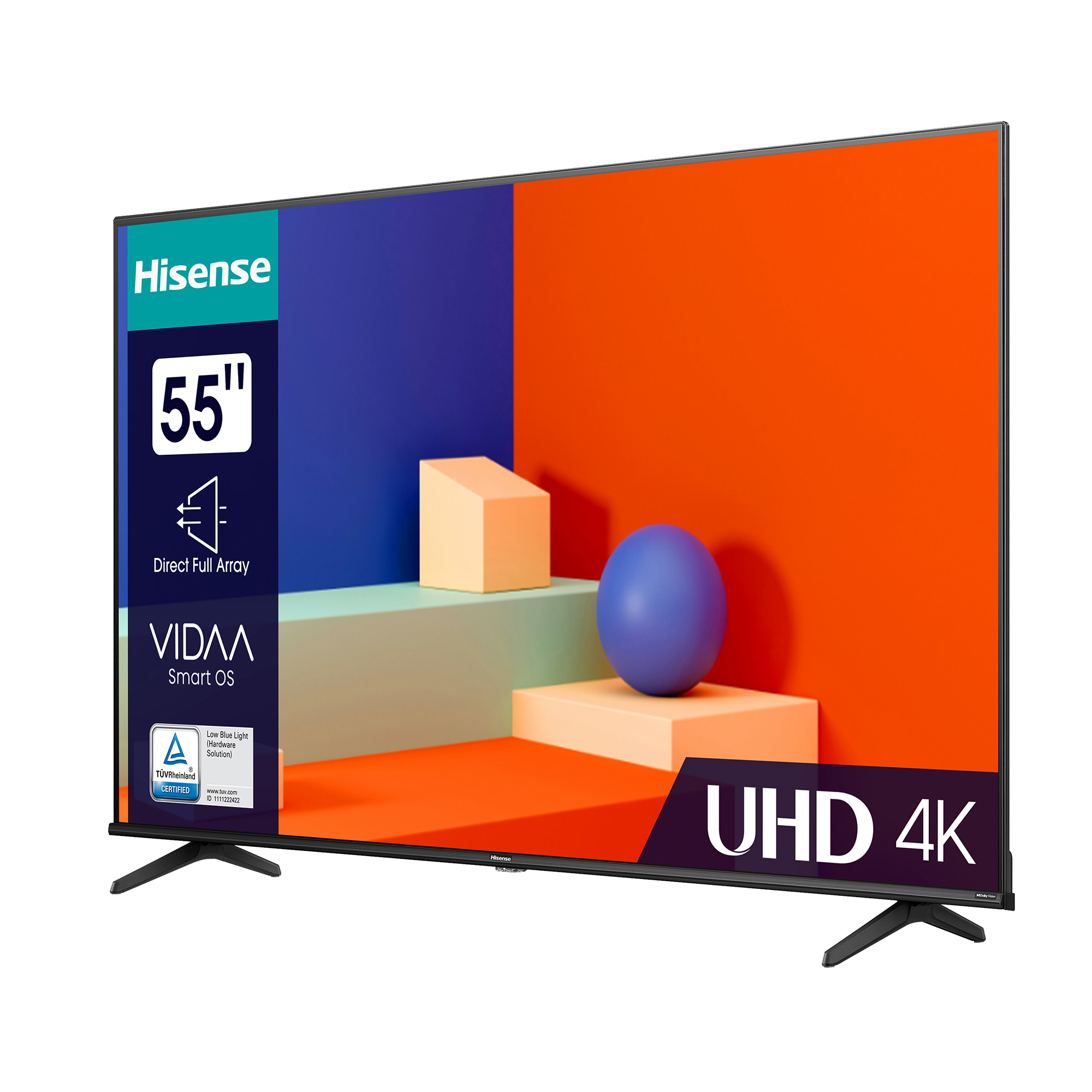 Ein großer Flachbildfernseher mit farbenfrohem, abstrakten Design auf dem Display, vor weißem Hintergrund.