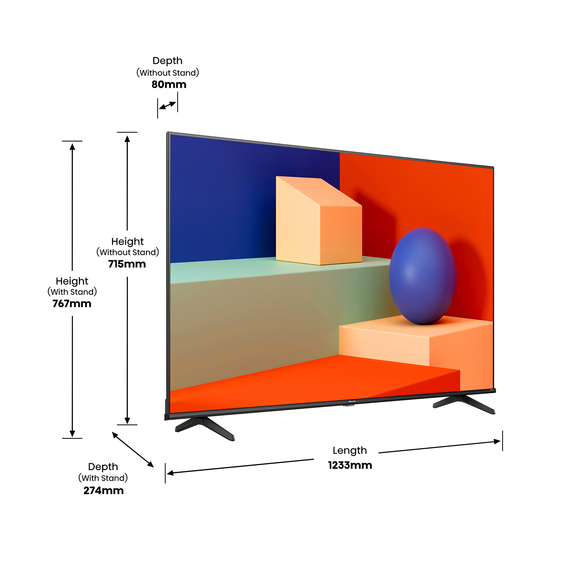 Ein großer Bildschirm-TV mit blauen, orangefarbenen und beigen geometrischen Formen.