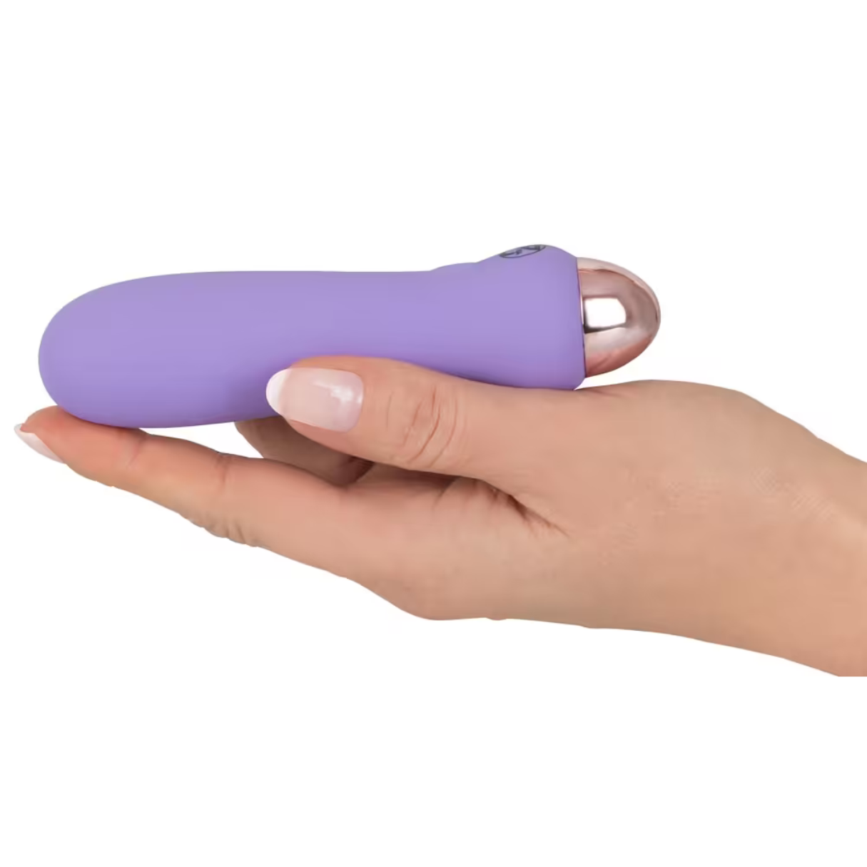 Hand, die einen lila Vibrator mit silberner Spitze hält. Er befindet sich auf weißem Hintergrund.