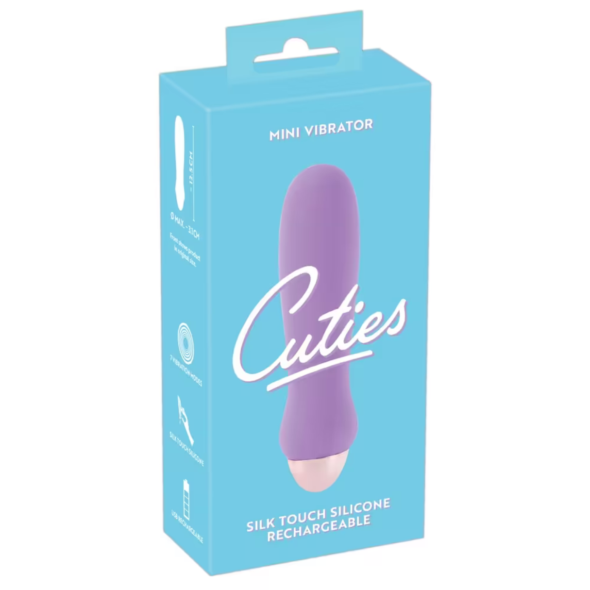 Eine Schachtel eines Mini-Vibrators in einer hellblauen Box mit dem Wort "Cuties" darauf.