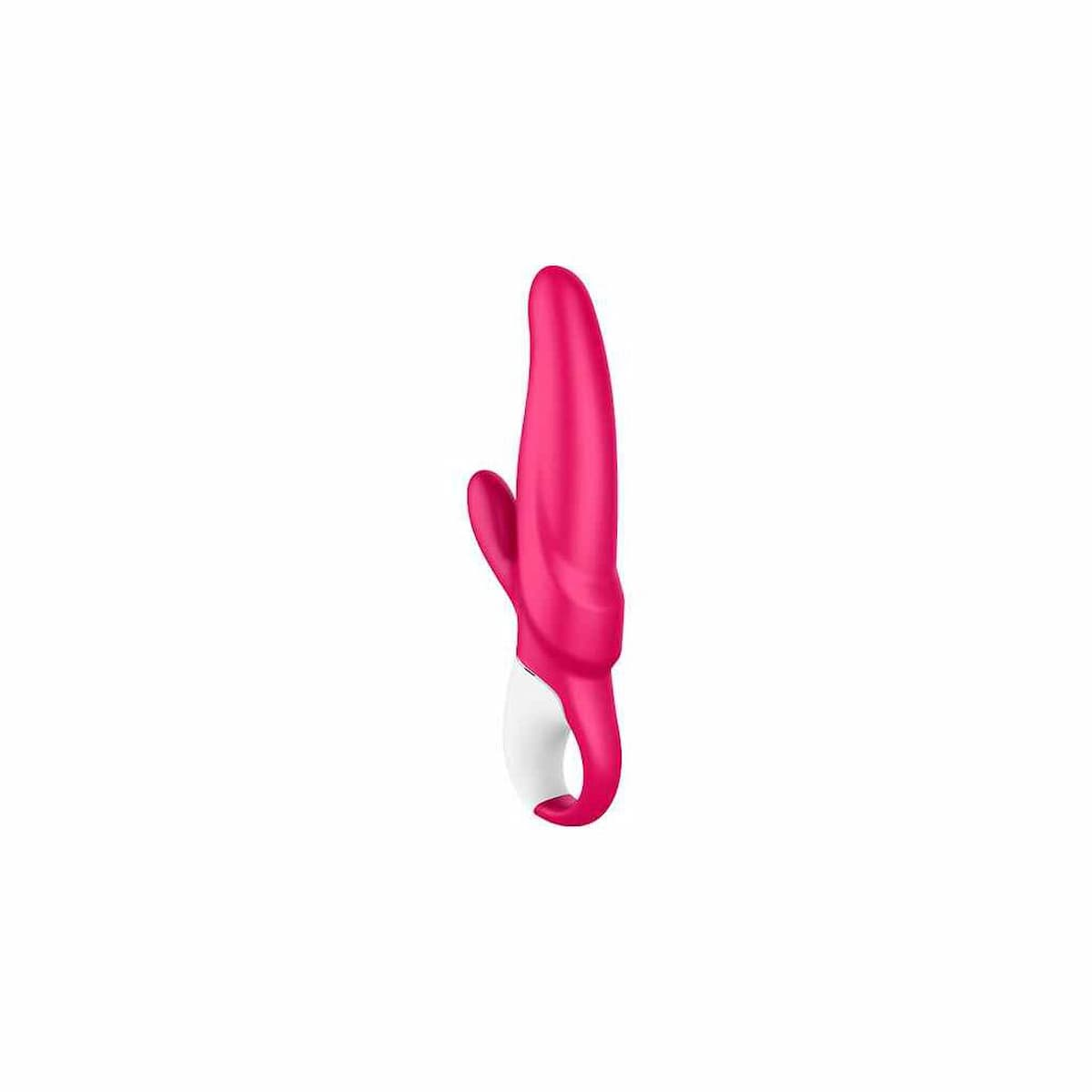 Un juguete sexual rosa y blanco, con un diseño curvo. Tiene una extensión similar a un dedo y un cuerpo curvado.