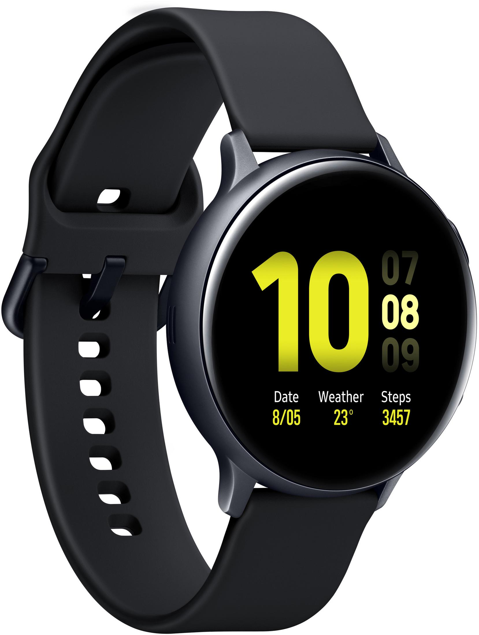 Schwarze Smartwatch mit rundem Display, das Zeit und Gesundheitsmetriken anzeigt, an einem schwarzen Armband. Samsung Galaxy Watch.