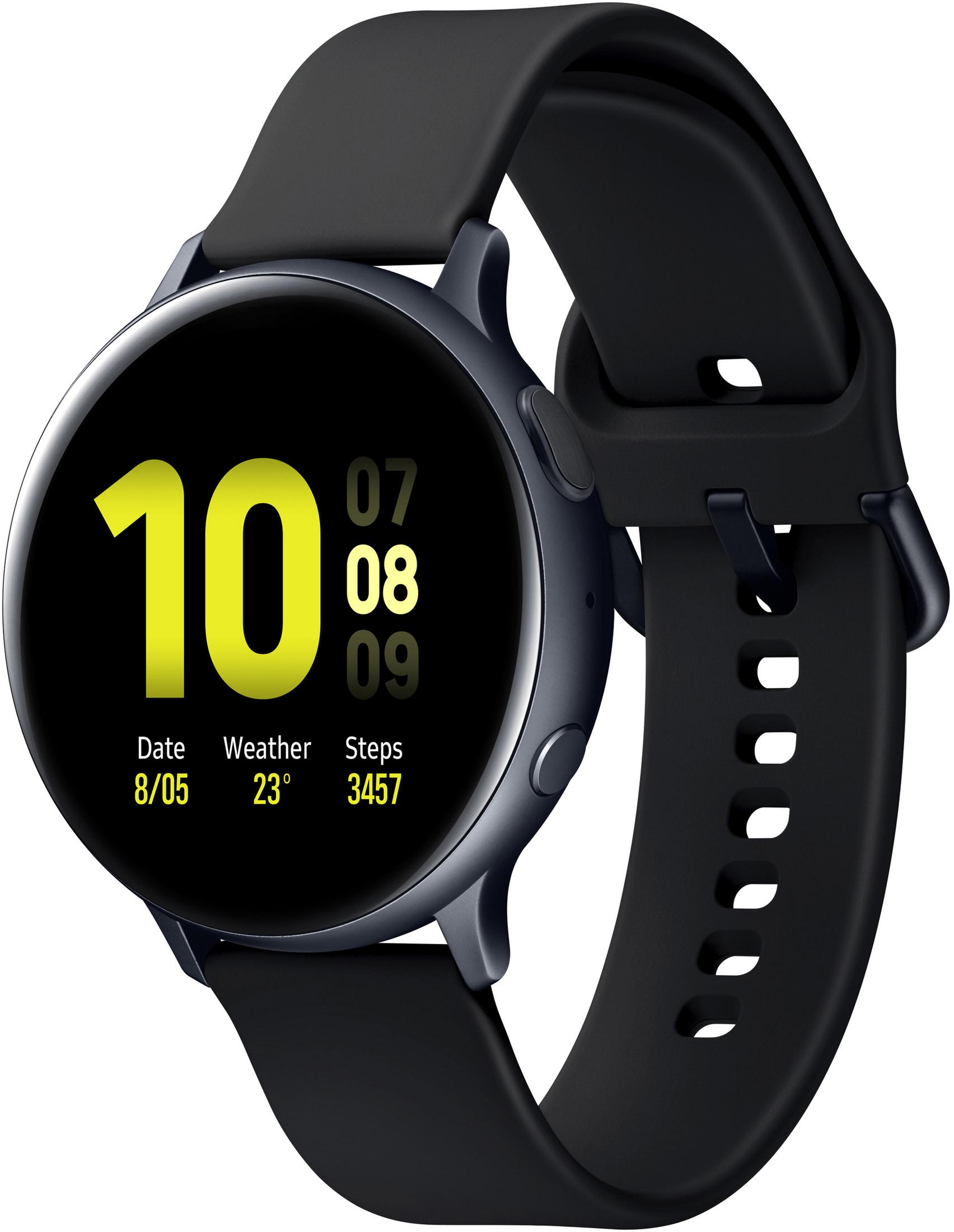 Eine schwarze Smartwatch zeigt Datum, Wetter und Schritte an, mit einem schwarzen Armband.