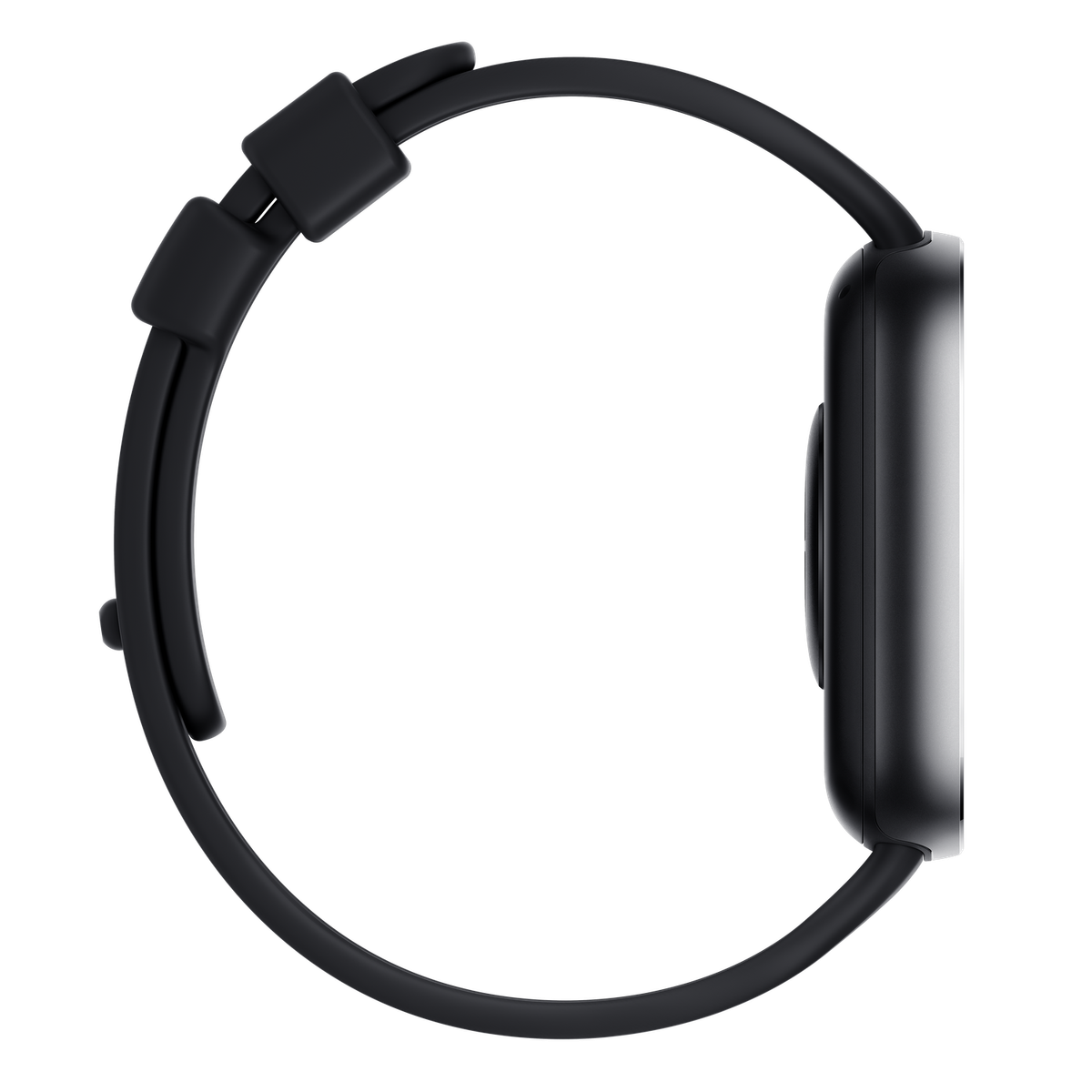 Czarny smartwatch z czarnym paskiem, widok z boku.