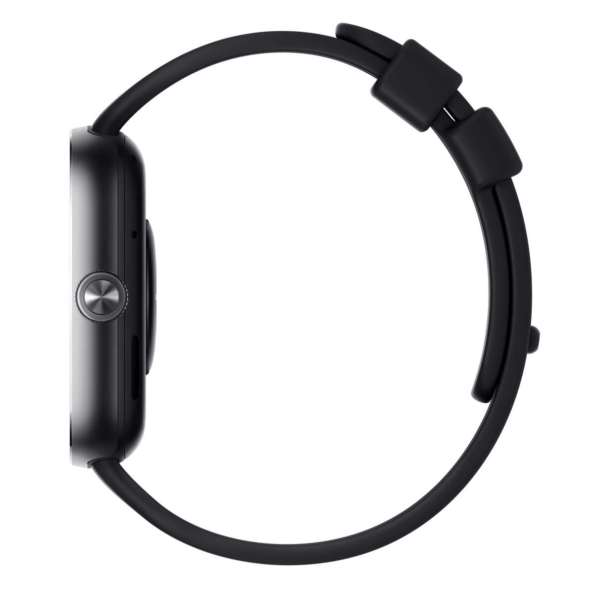 Widok z boku czarnego smartwatcha z czarnym paskiem.