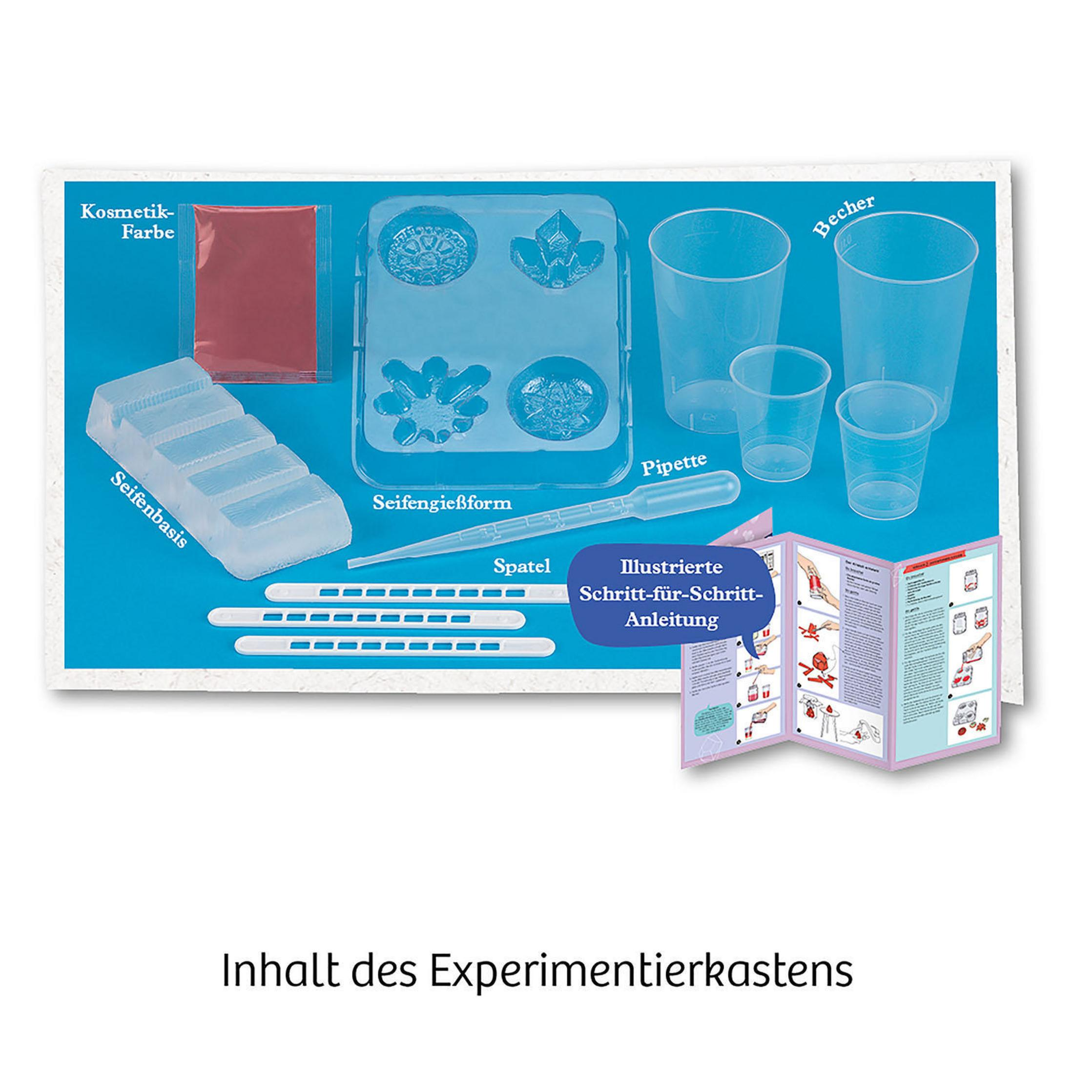 Ein Wissenschaftskit mit Bechern, Formen und Anweisungen auf blauem Hintergrund.