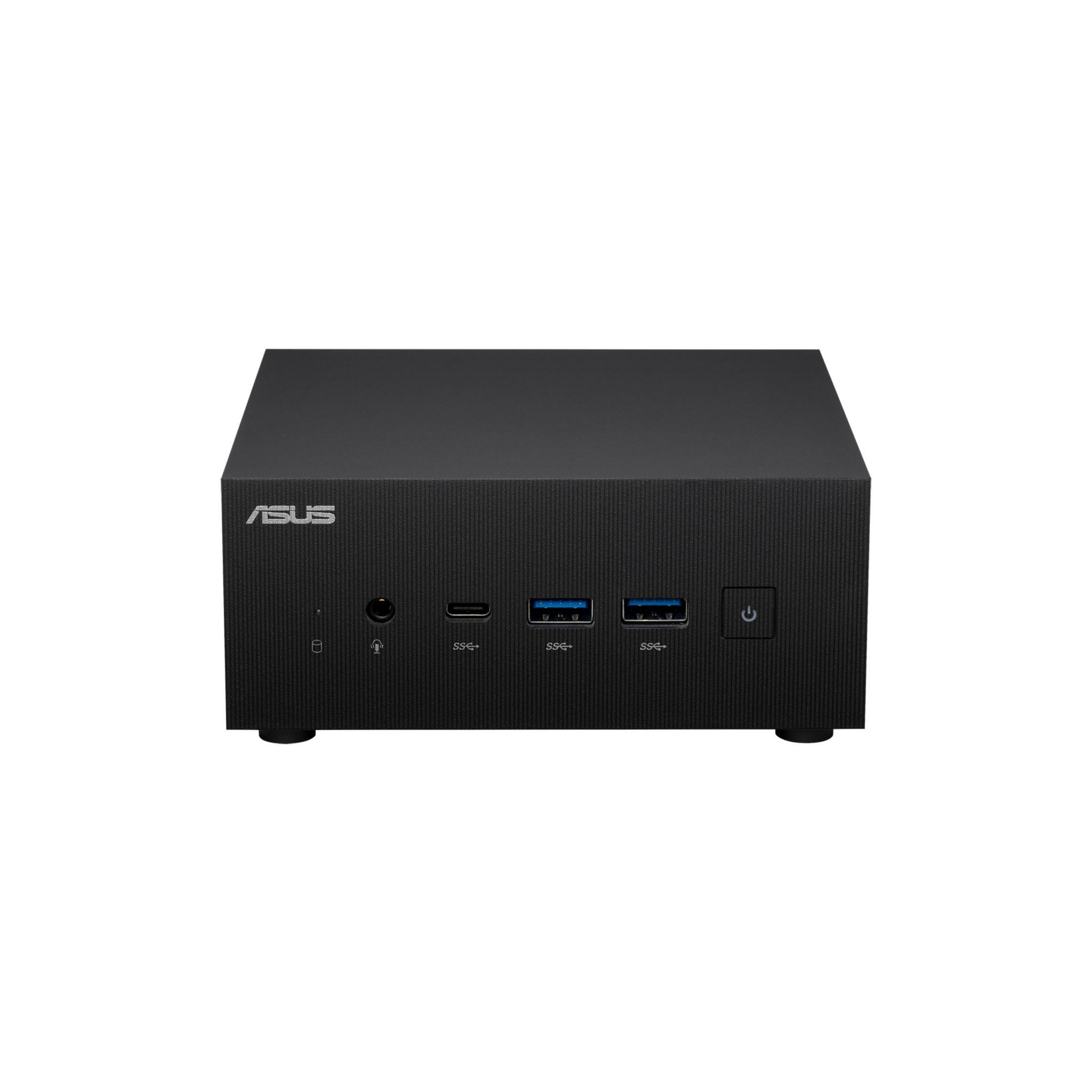 Mini PC ASUS nero. Vista frontale, con pulsante di accensione e porte USB. Forma quadrata.