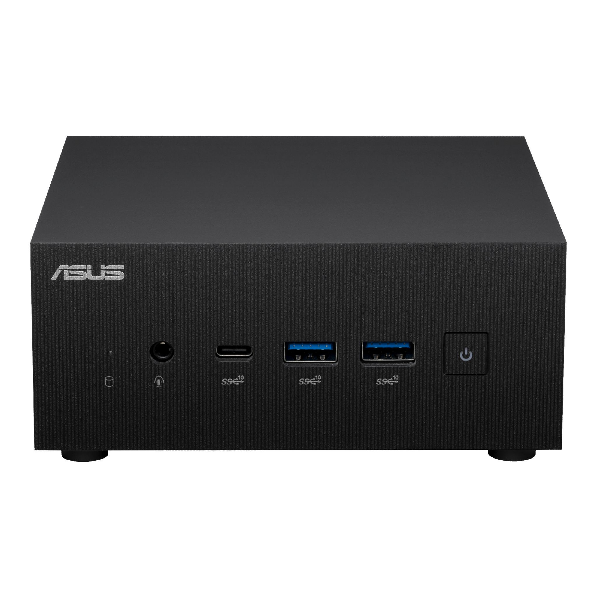 Mini PC ASUS nero con porte frontali. Pulsante di accensione e logo ASUS ben visibili.