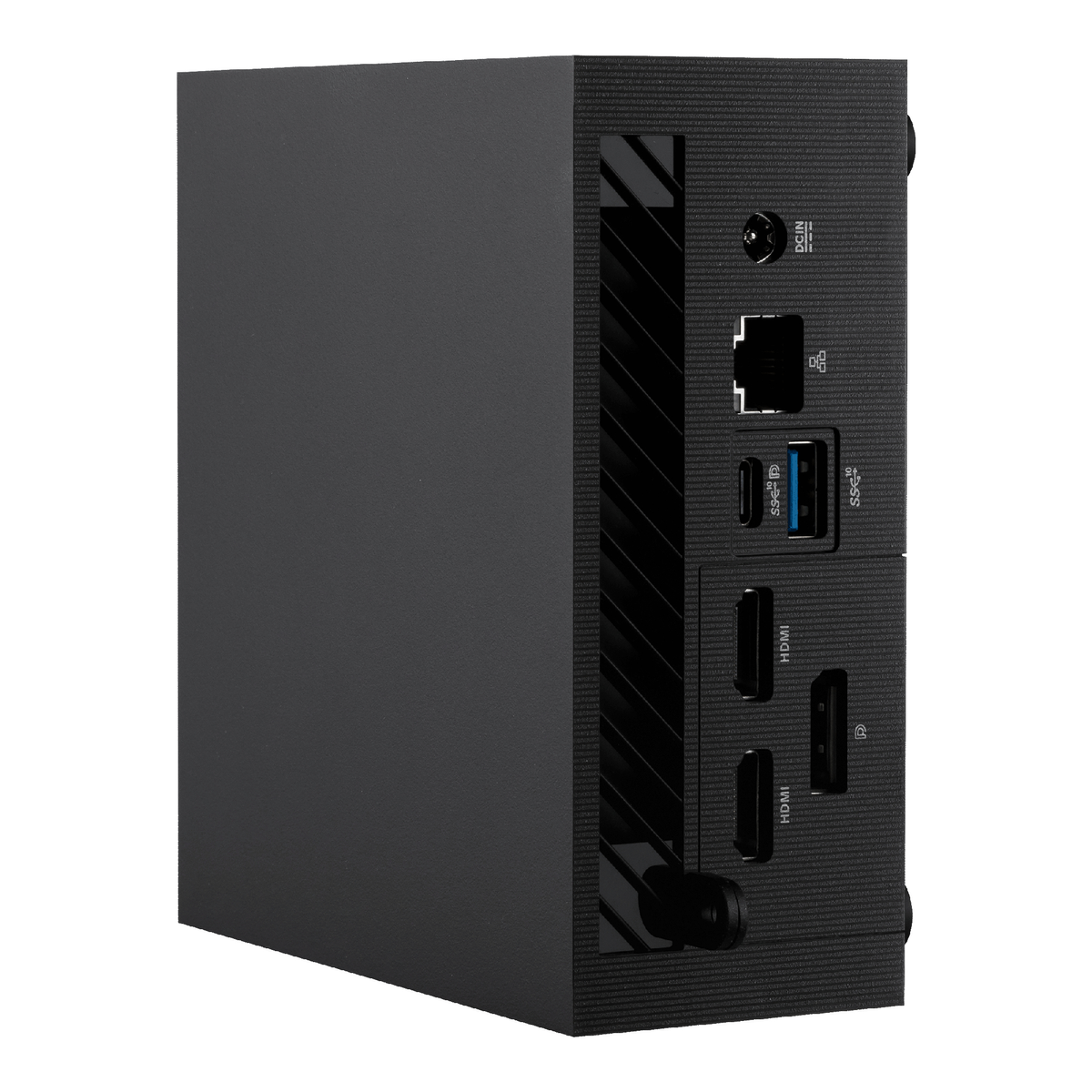 Dispositivo nero con porte: DC IN, Ethernet, USB, HDMI. Vista angolata, sfondo bianco.
