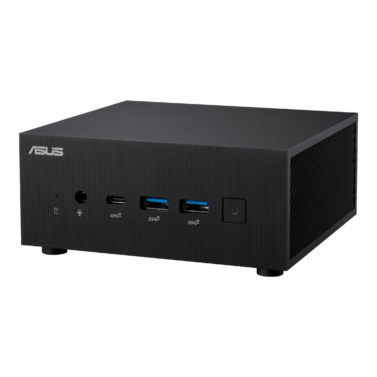 Mini PC ASUS nero. La parte anteriore ha porte e pulsante di accensione. Il logo del marchio è in alto a sinistra.