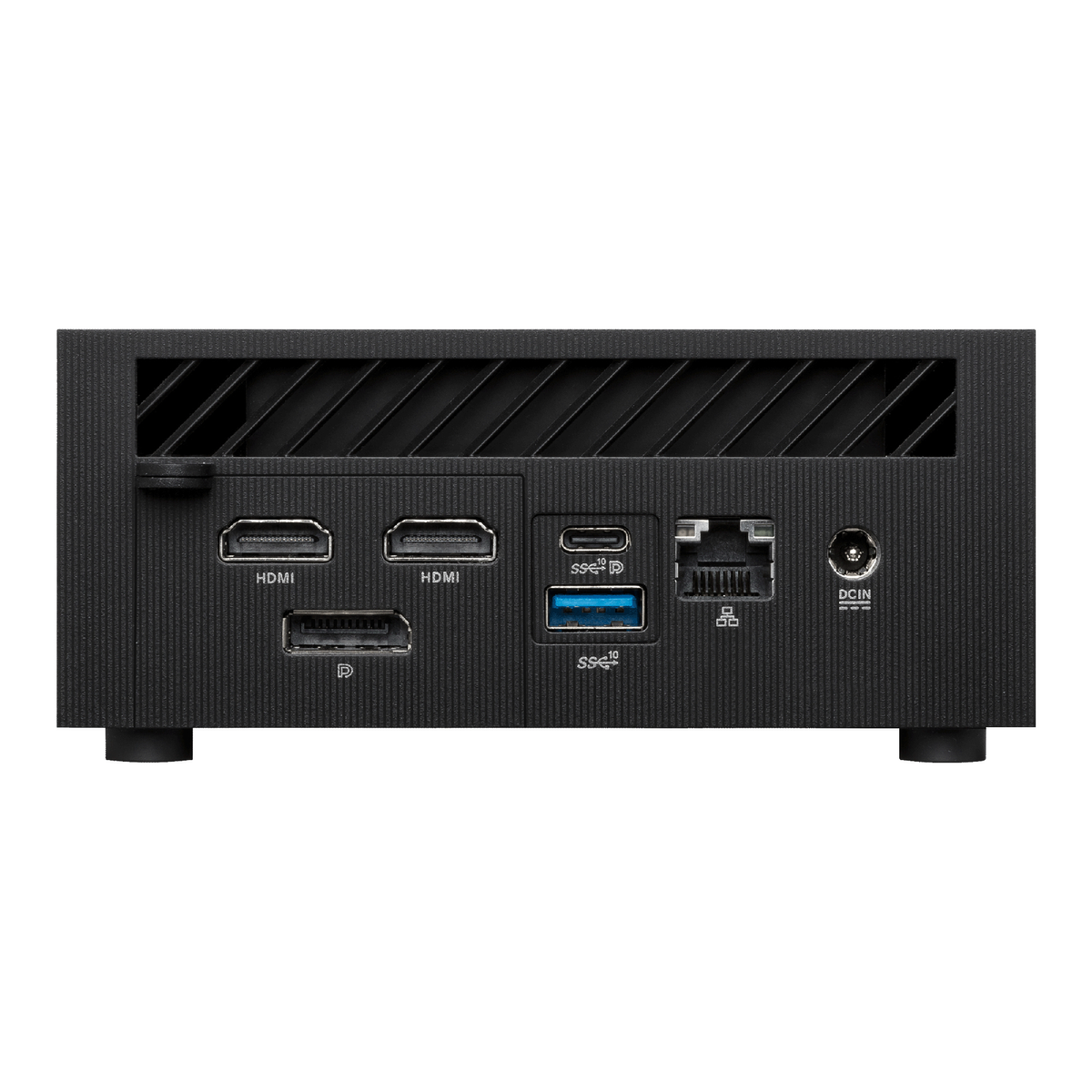 Un mini PC nero con varie porte sul retro, tra cui HDMI, USB e DC IN. Superficie nera.