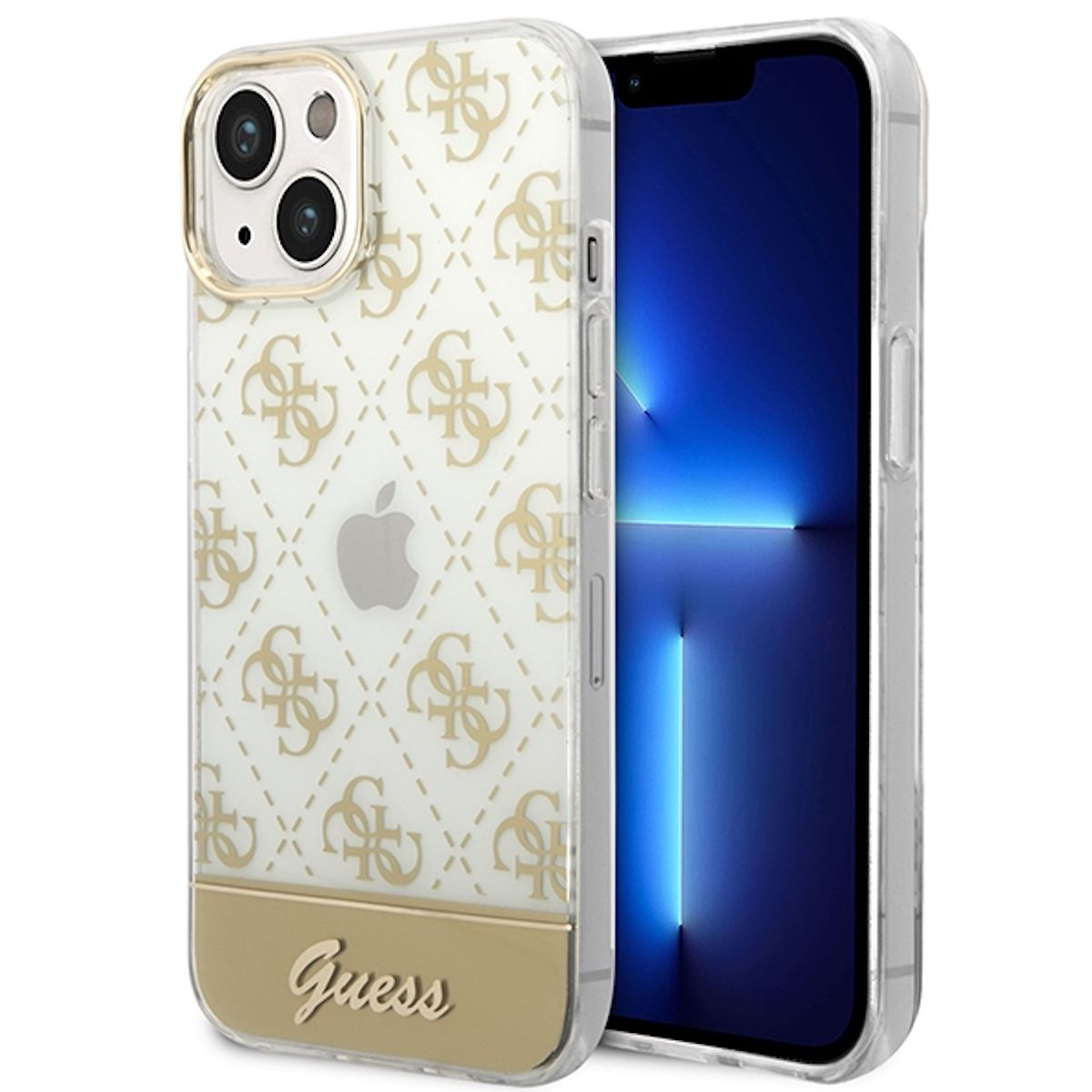 iPhone in einer gemusterten Guess-Hülle. Gold-Weiß-Design, transparente Hülle.