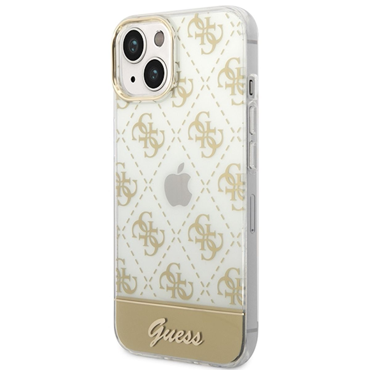 Transparente Handyhülle mit goldenen Akzenten, Guess-Logo und durchsichtigem Rücken, schützt das Telefon.