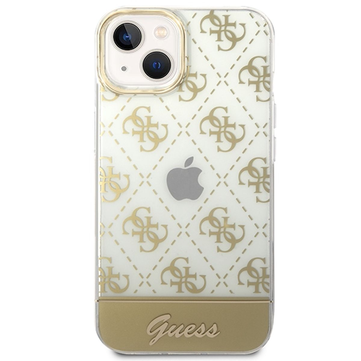 iPhone-Hülle mit goldfarbenem Rand und Guess-Logo-Muster. Die Hülle hat einen weißen Hintergrund.