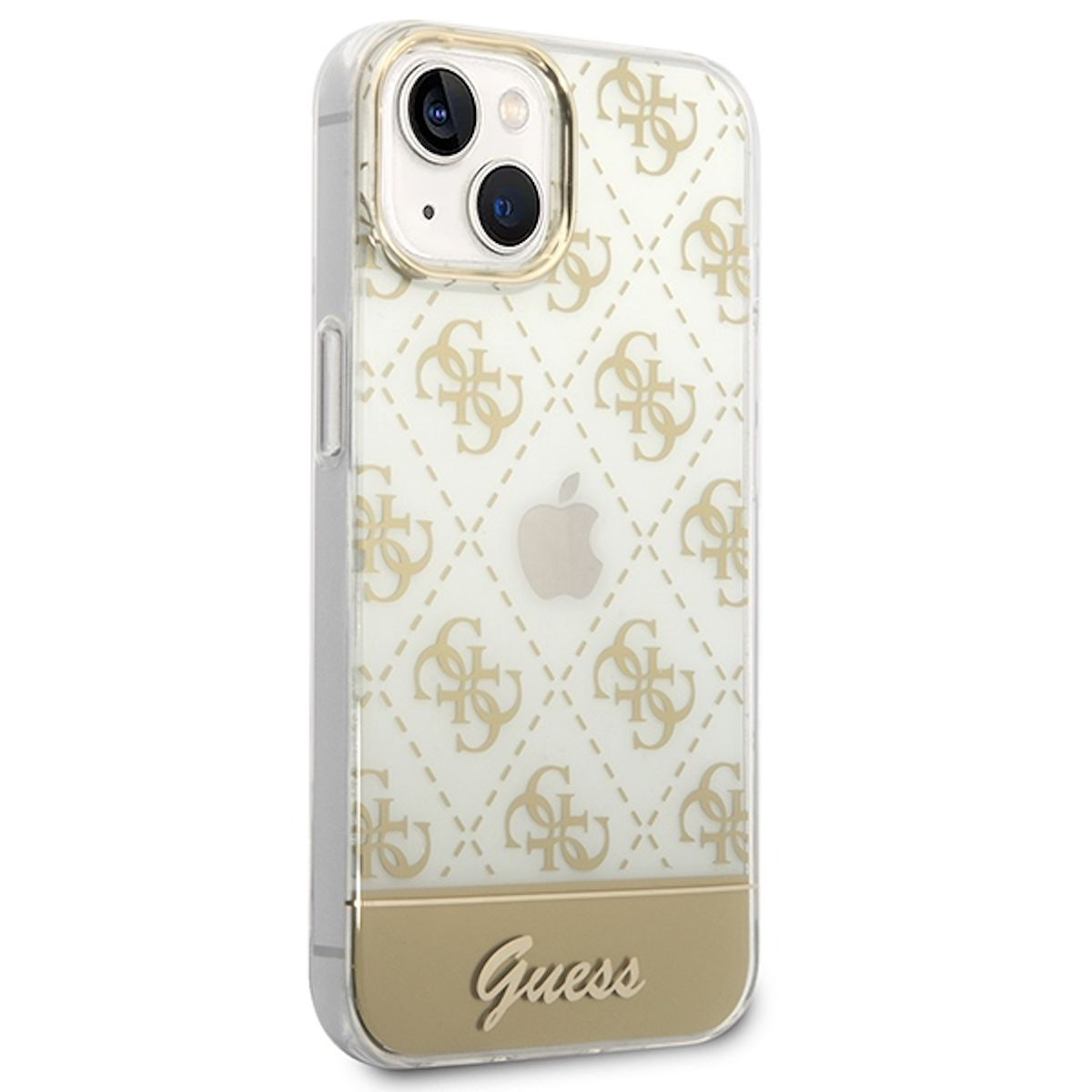 Transparente Handyhülle mit goldenem Design und Guess-Logo, auf weißem Hintergrund.