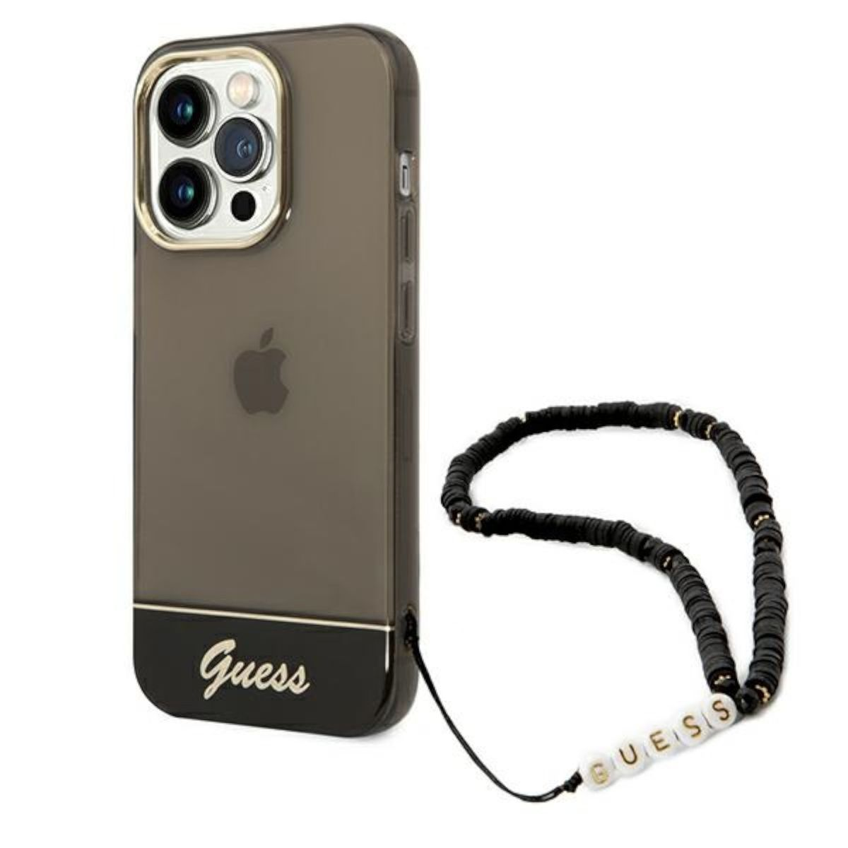 Un iPhone in una custodia Guess nera e oro con un cinturino di perline nere con lettere Guess.