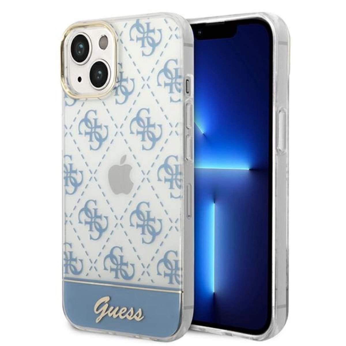 Ein Telefon in einer Guess-Hülle. Die Hülle ist durchsichtig mit blau-weißem Muster und goldenen Akzenten.
