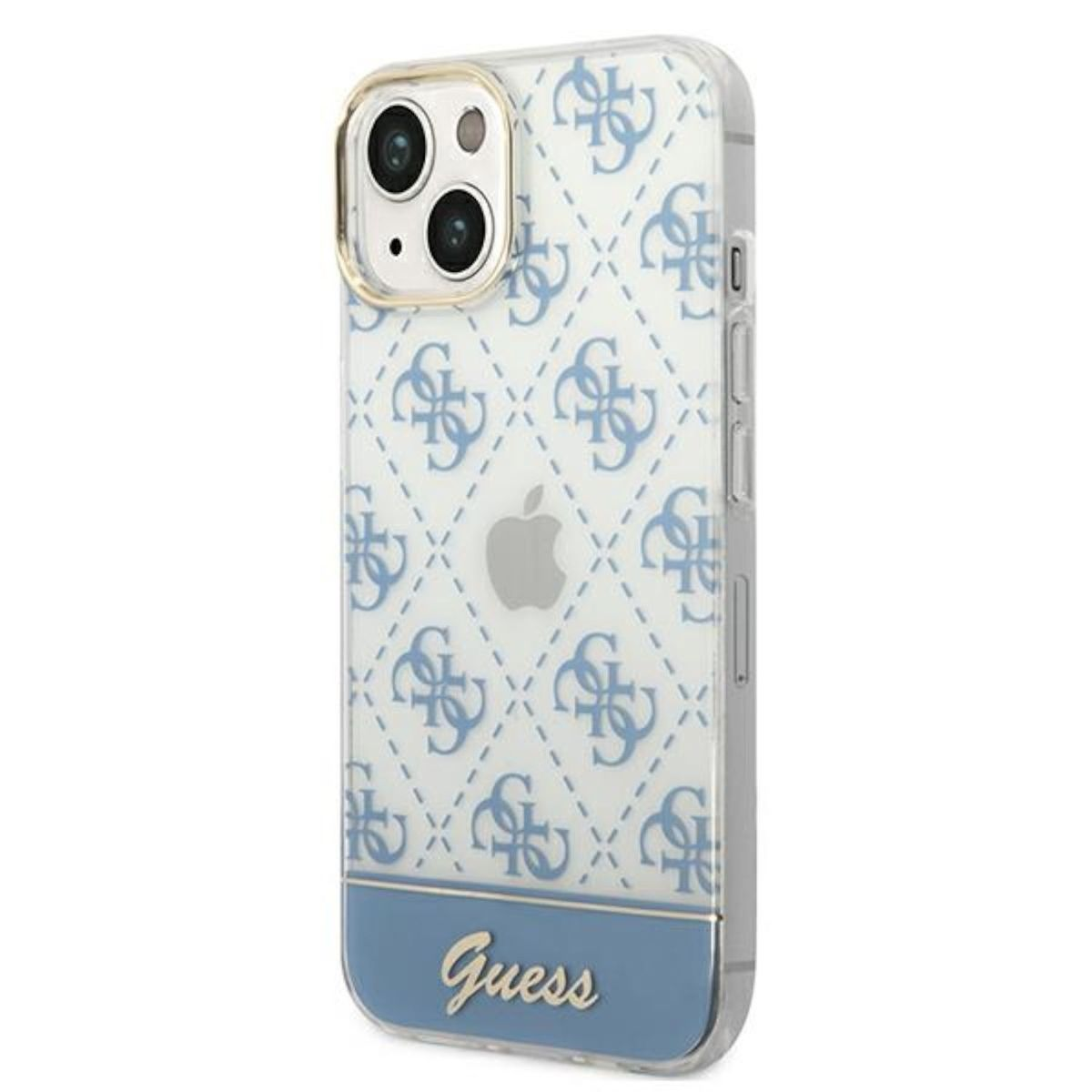 Eine Handyhülle mit blau-weißem Muster, goldenem Rand und dem Wort "Guess".