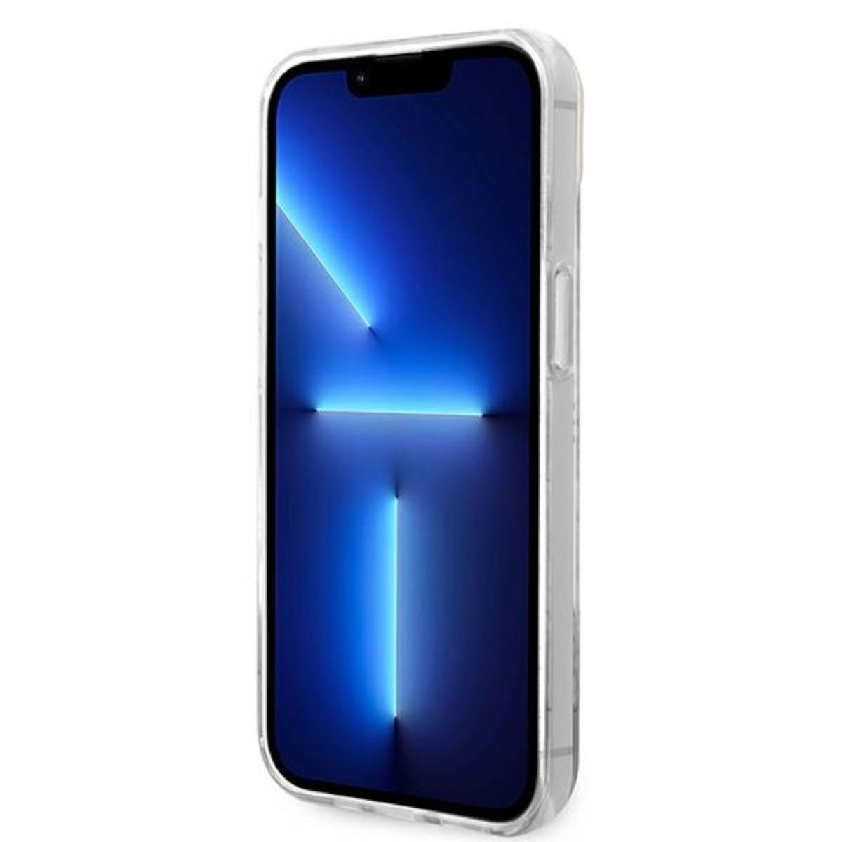Smartphone mit blau beleuchtetem Display in einer transparenten Schutzhülle.