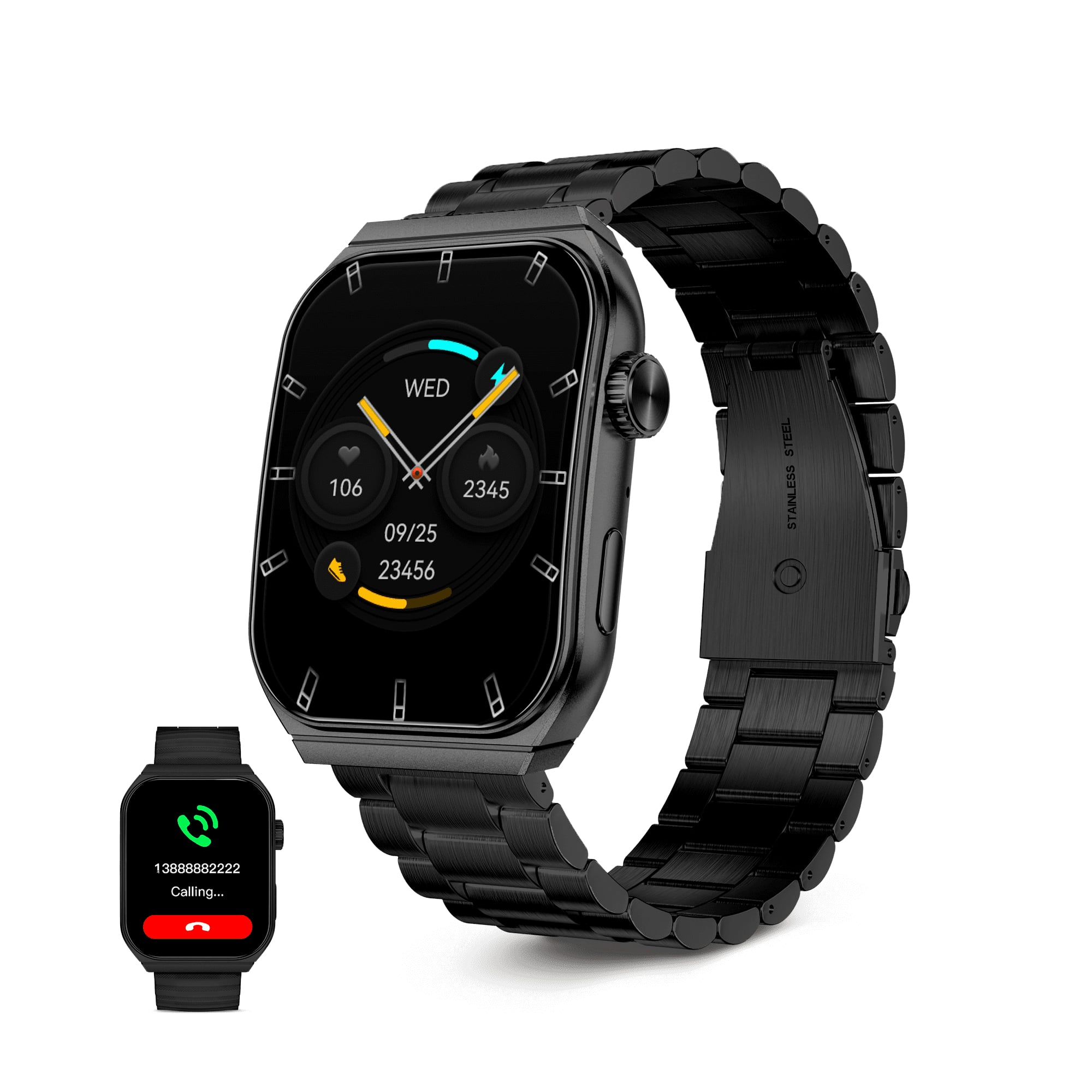 Smartwatch nero con cinturino in metallo nero, che mostra una chiamata.