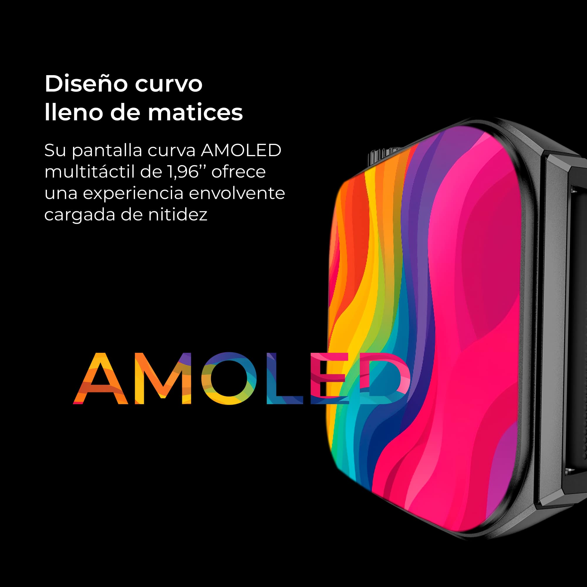 Uno smartwatch nero con uno schermo curvo che mostra immagini colorate. La parola AMOLED è visibile.