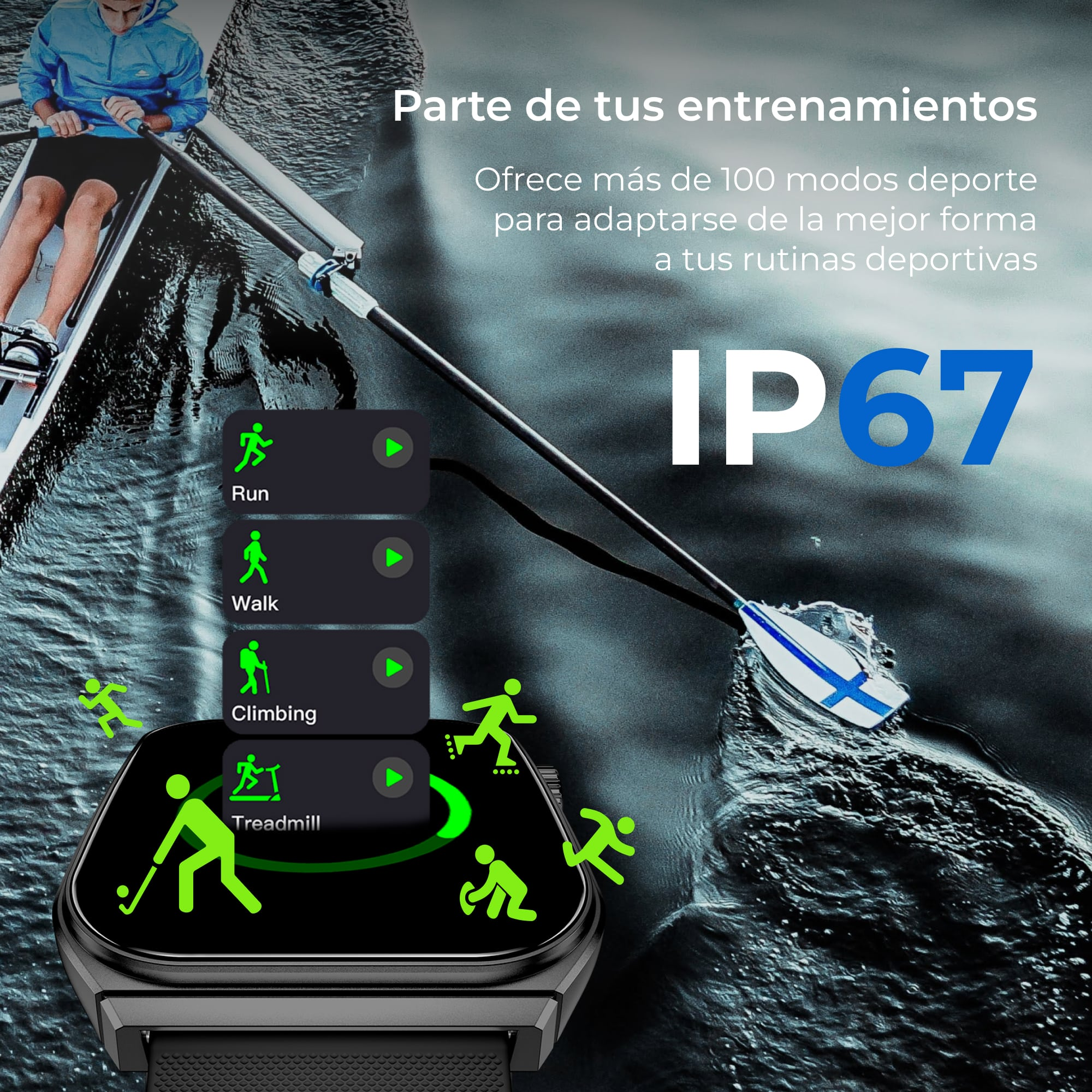 Smartwatch con icone di attività. Include corsa, camminata, arrampicata e tapis roulant. Una persona rema sullo sfondo.