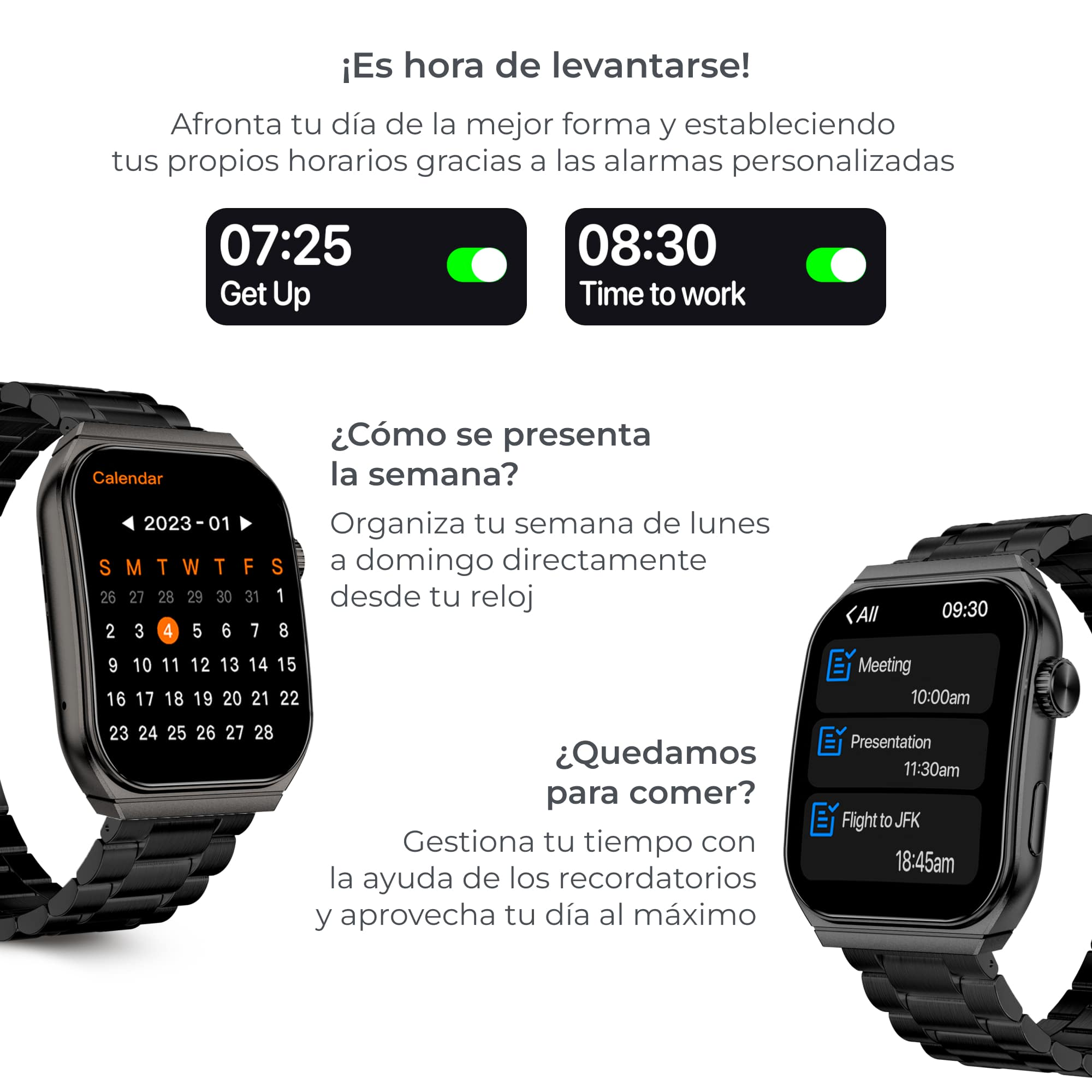 Smartwatch con calendari e programmazioni. Testo in spagnolo. Cinturini neri.
