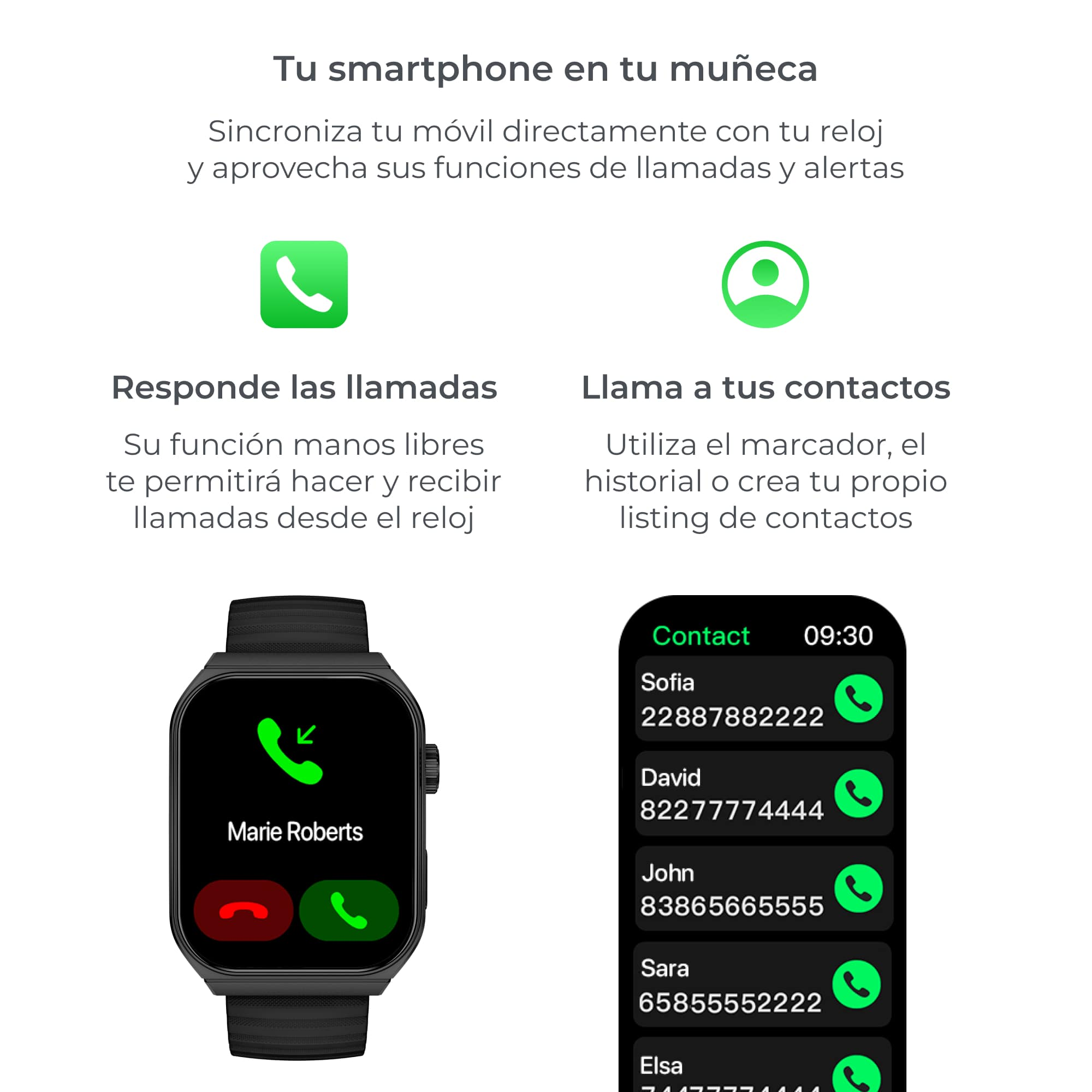 Interfaccia smartwatch che mostra l'elenco dei contatti e risponde a una chiamata.