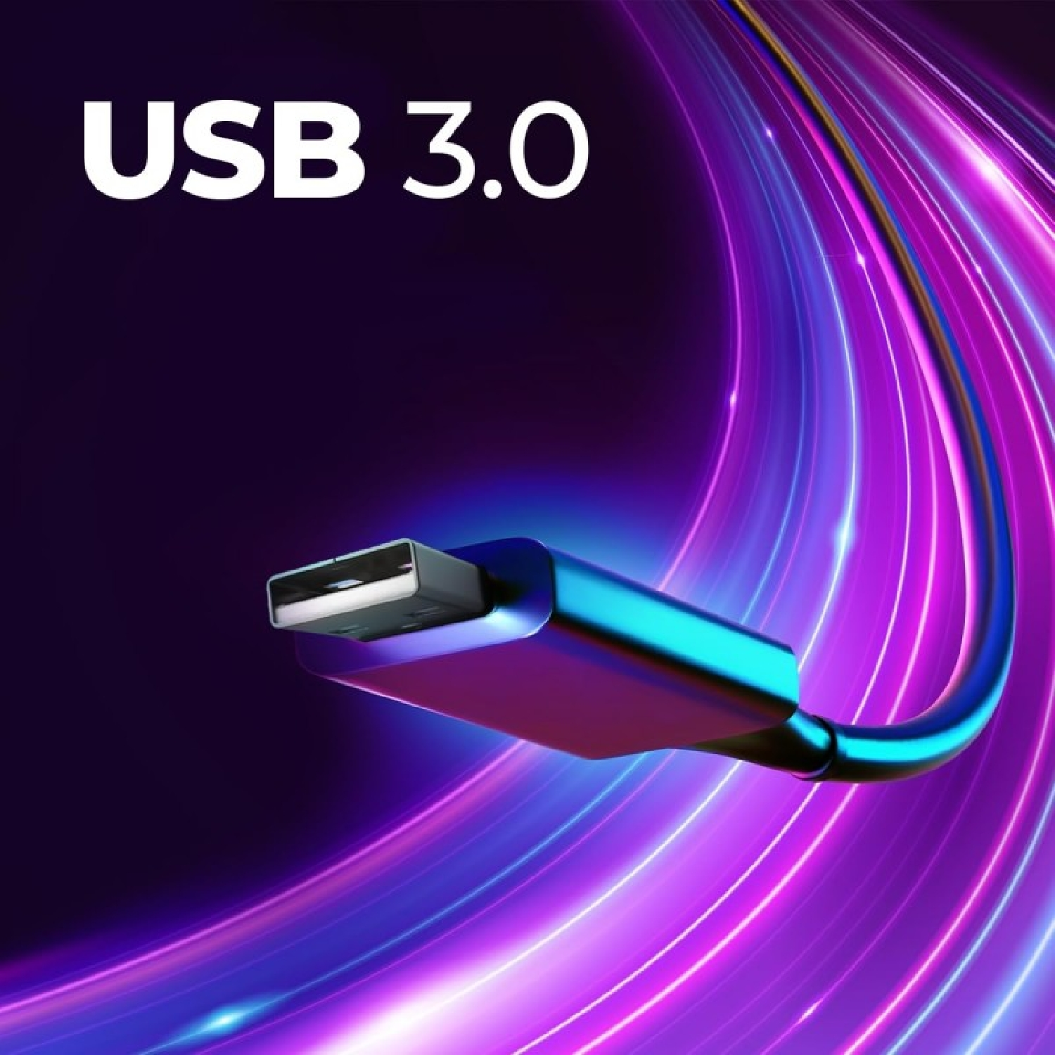 Cable USB 3.0 con fondo negro y rayas de luz azul y púrpura.