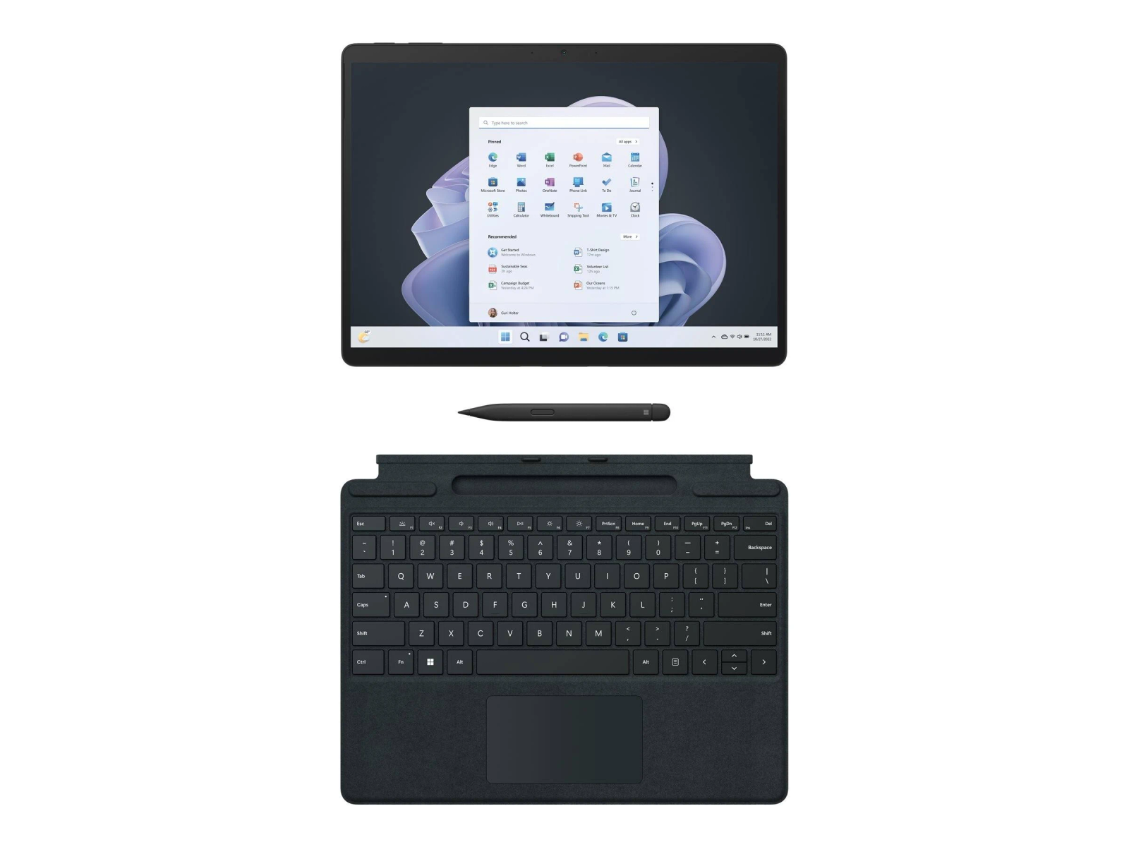 Un tablet Microsoft Surface con tastiera e stilo, il tutto visualizzato su uno sfondo bianco.
