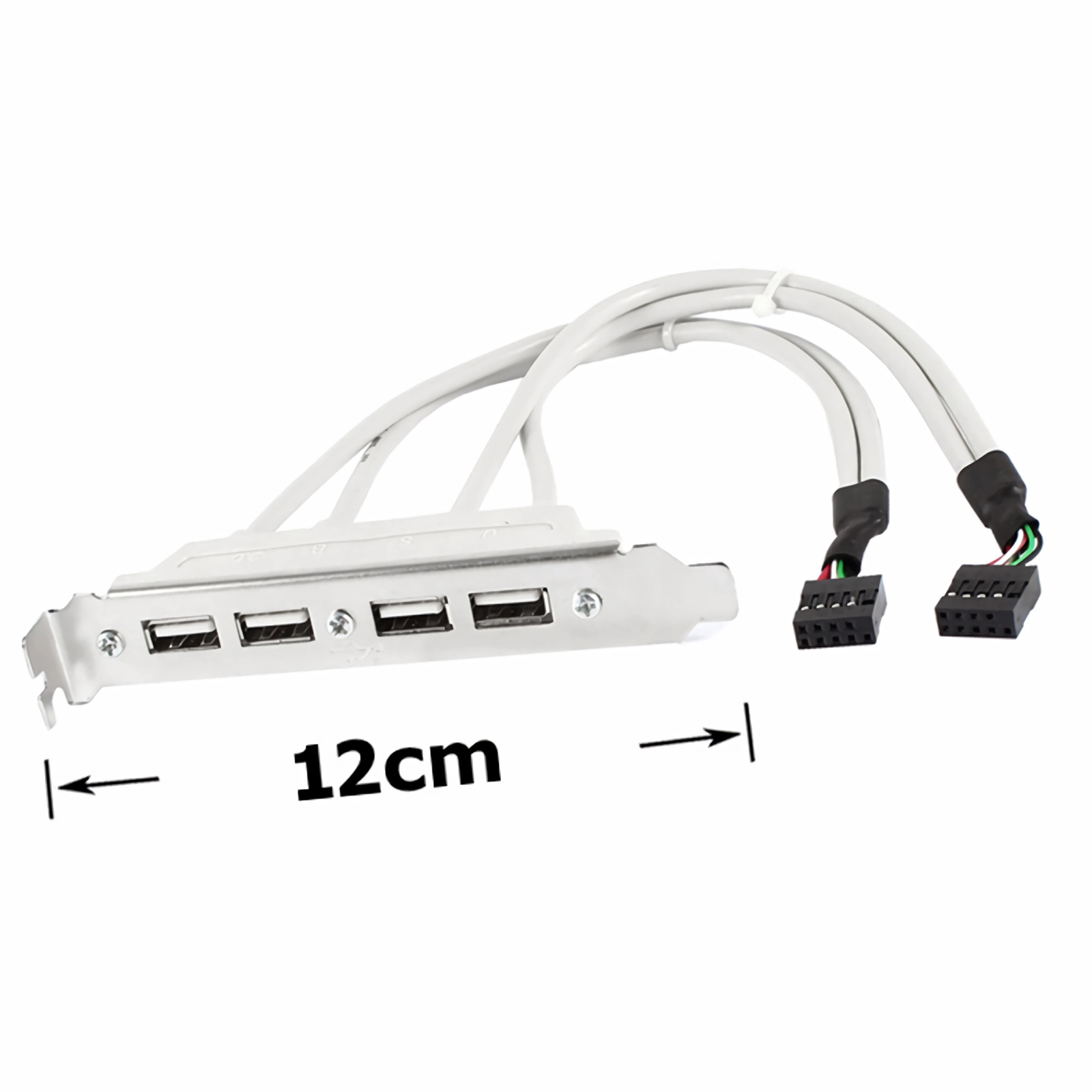 Eine Computerschnittstelle mit vier USB-Anschlüssen und zwei Steckern, mit einer 12cm-Messung.