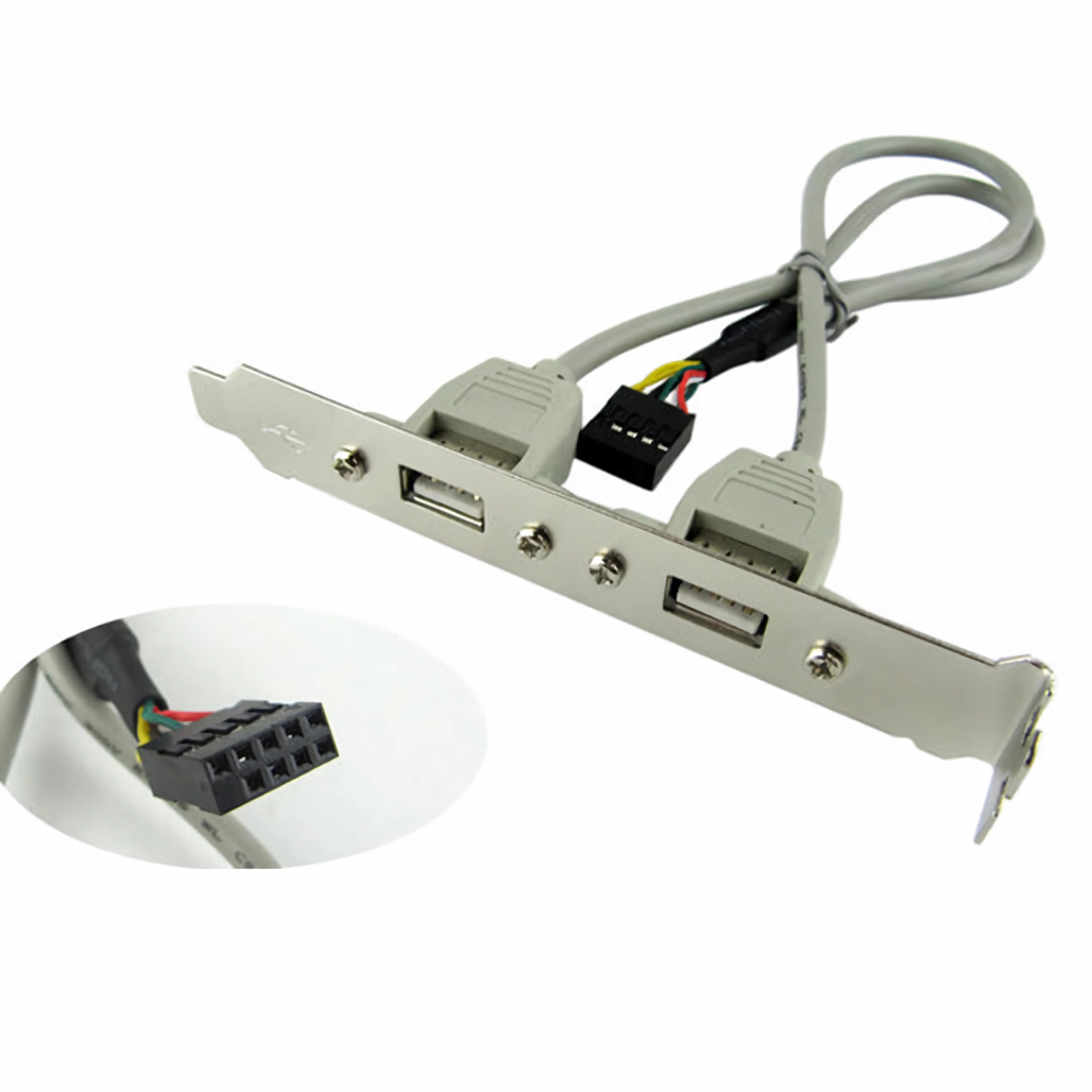Silberne USB-Erweiterungskarte mit zwei USB-Anschlüssen und einem schwarzen Stecker. Weißer Hintergrund.
