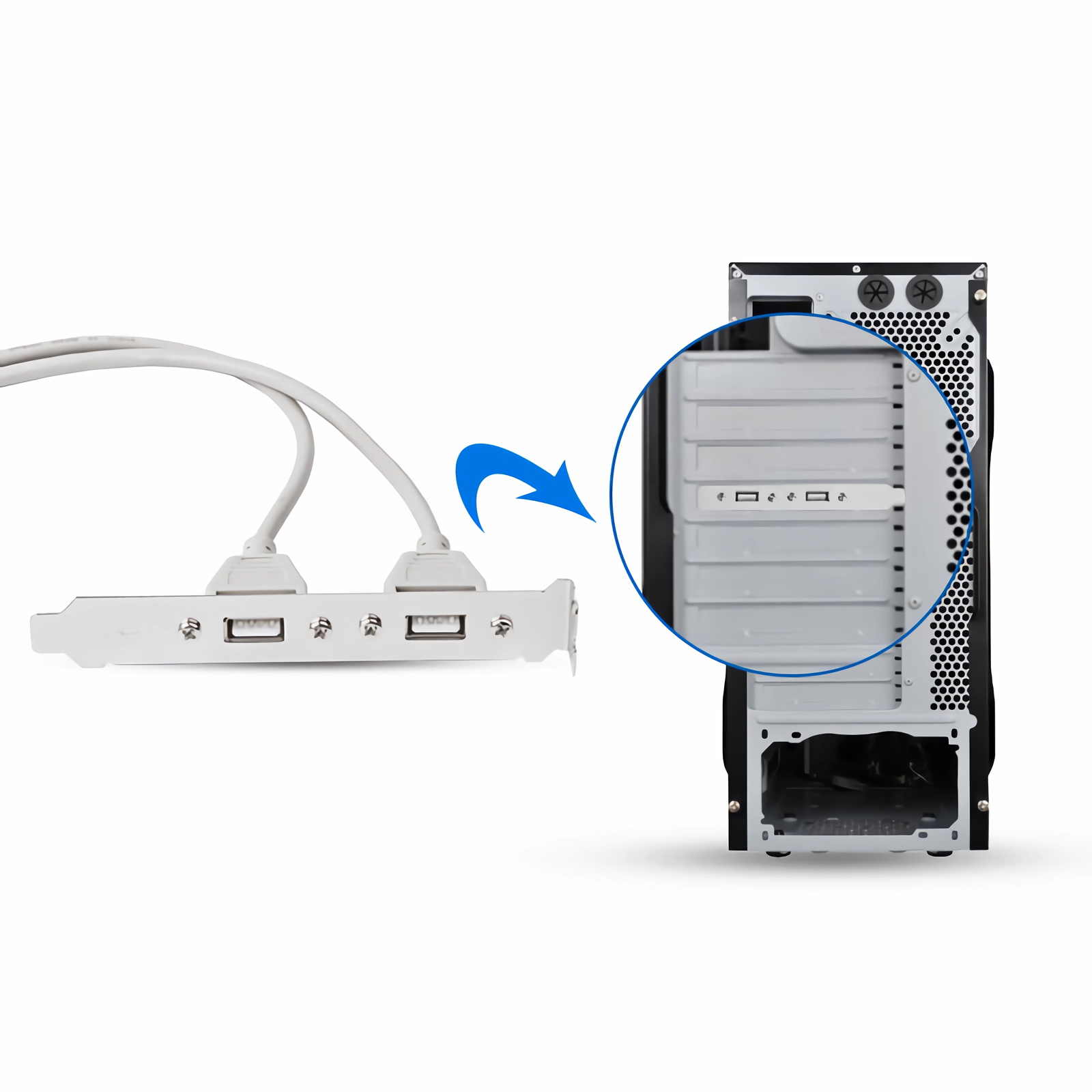 Computergehäuse mit angeschlossener USB-Port-Erweiterungskarte, auf weißem Hintergrund.