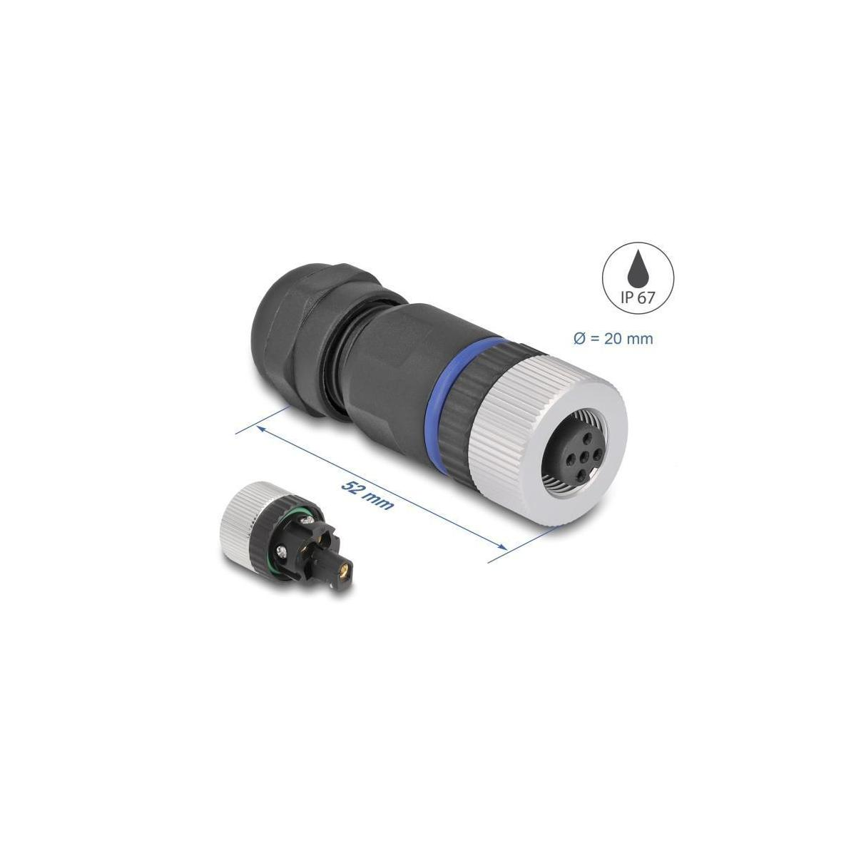 Schwarzer und grauer elektrischer Stecker. IP67-Schutzart, 20 mm Durchmesser. Kleiner Stecker daneben.
