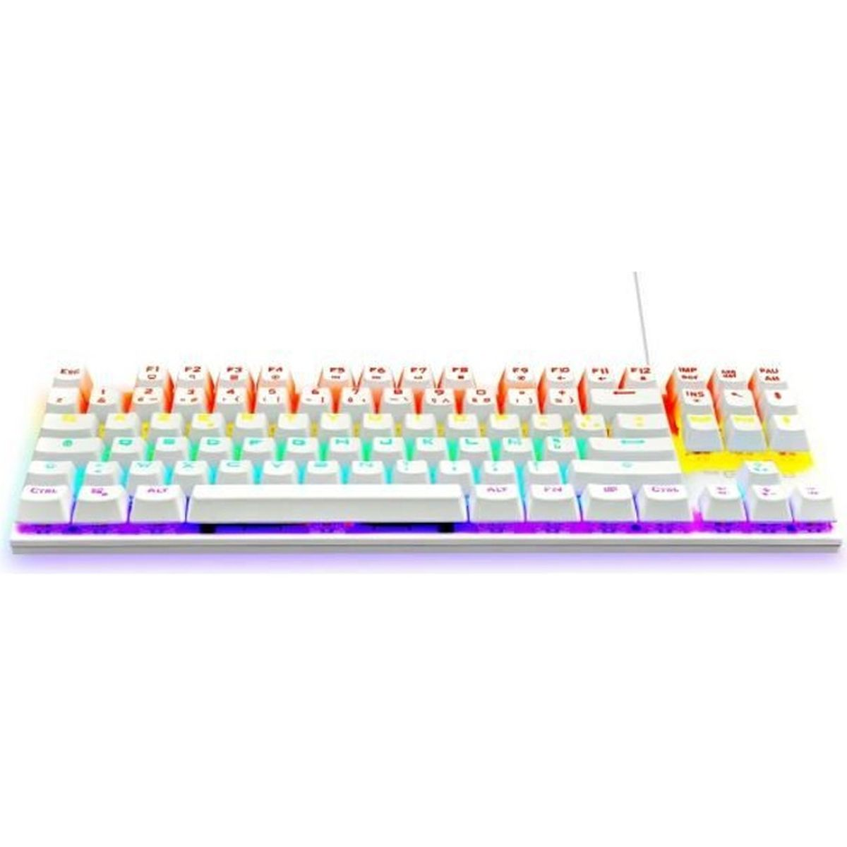 Tastiera meccanica bianca con retroilluminazione RGB e tasti colorati.