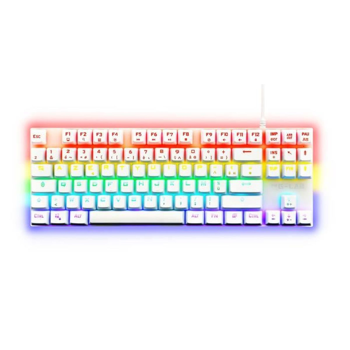 Una tastiera bianca con illuminazione RGB colorata che illumina i tasti e la base.