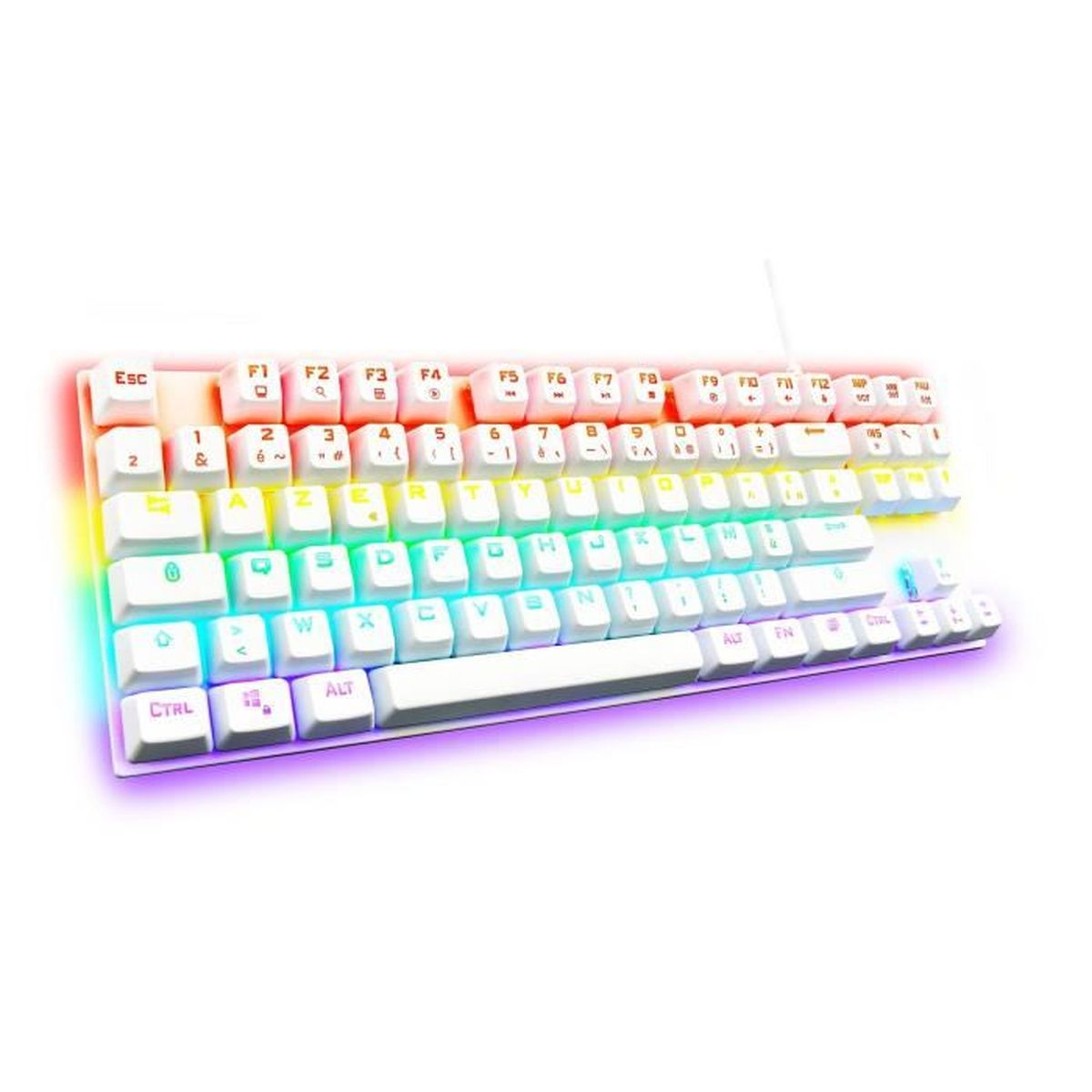 Una tastiera bianca con illuminazione RGB arcobaleno.
