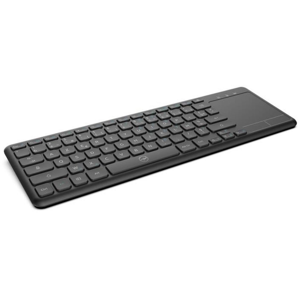 Teclado inalambrico negro con panel tactil integrado sobre fondo blanco.