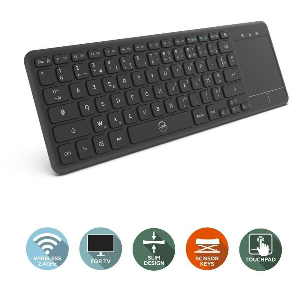 Un teclado inalámbrico negro con panel táctil integrado y cinco iconos de características debajo sobre fondo blanco.