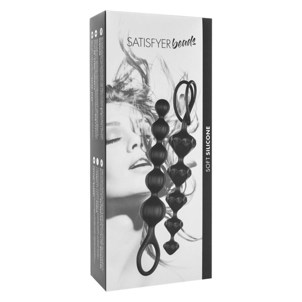 Opakowanie produktu z zabawkami erotycznymi. Zawiera czarne pudełko ze zdjęciami i tekstem, w tym twarz kobiety.