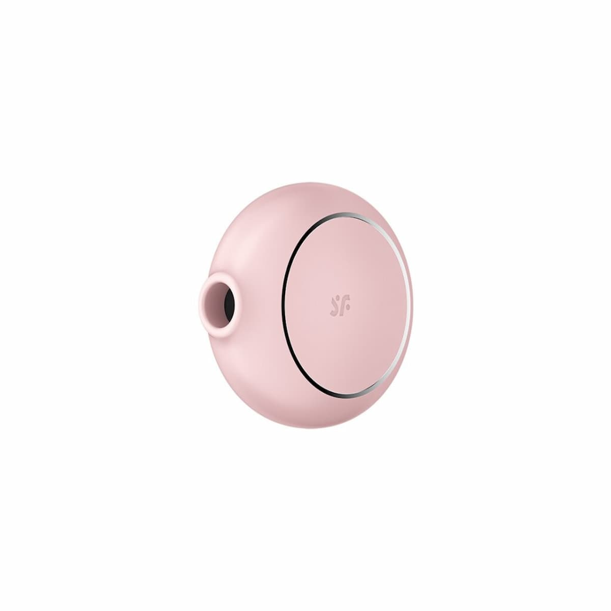 Ein rosa Ohrhörer. Es hat eine abgerundete Form mit einem silbernen Band. Weißer Hintergrund.
