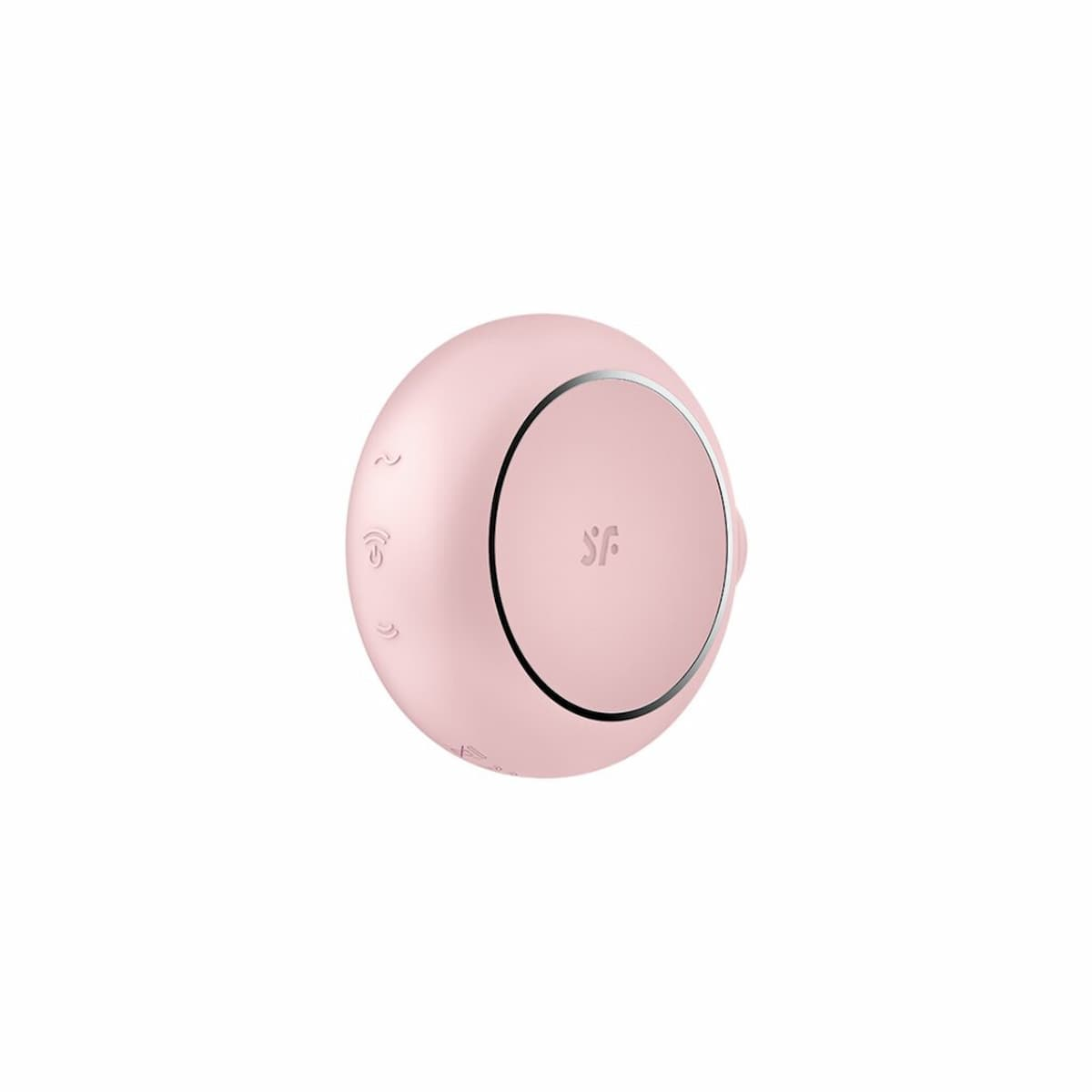 Ein rosa, rundes Gerät mit silbernem Akzent. Das Gerät hat einen Knopf und Markierungen.