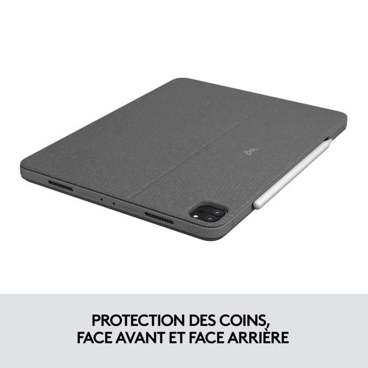 Tablet grigio in custodia con stilo, sfondo bianco.