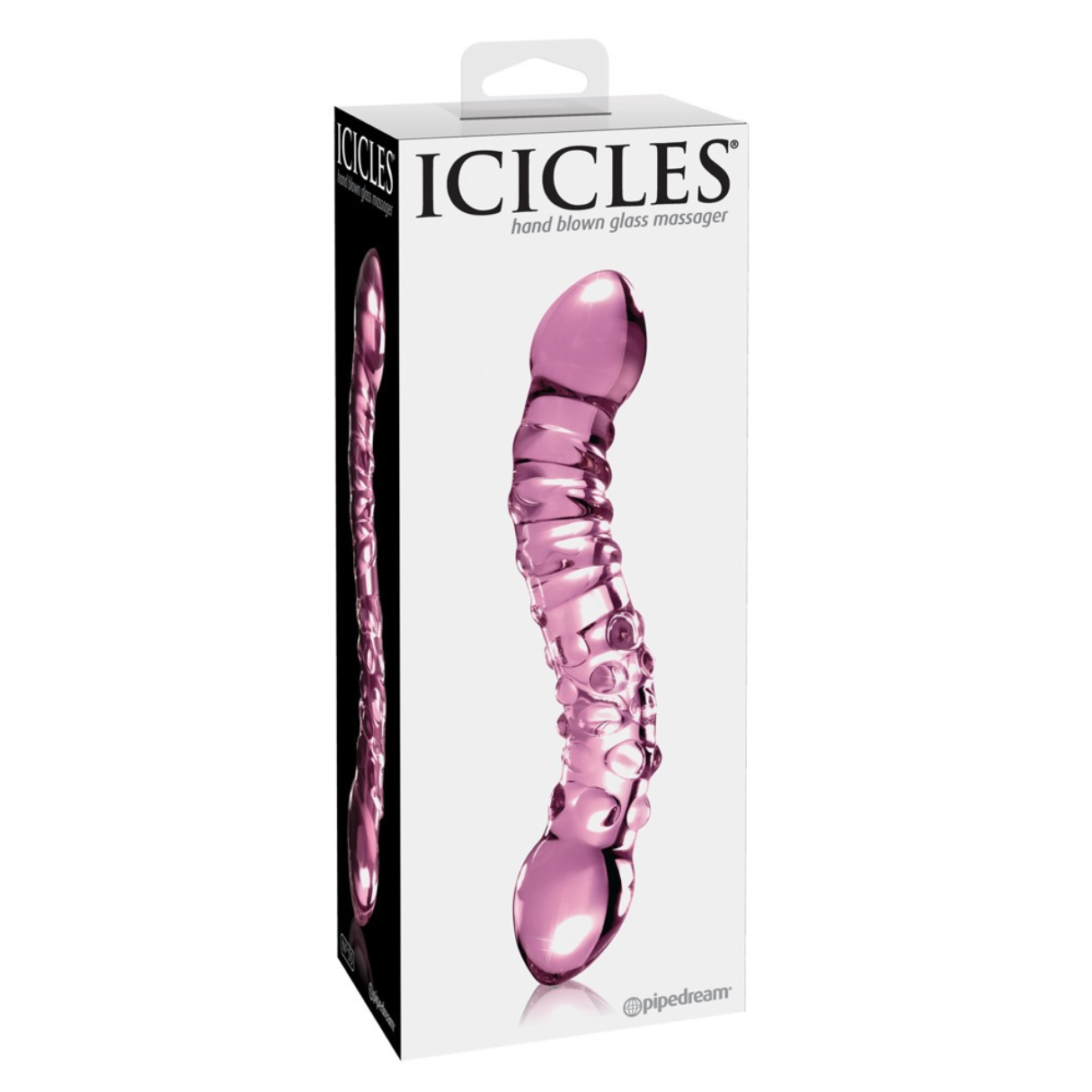 Ein rosafarbener Glasmassagegerät in einer Schachtel. Die Schachtel trägt den Markennamen "ICICLES".