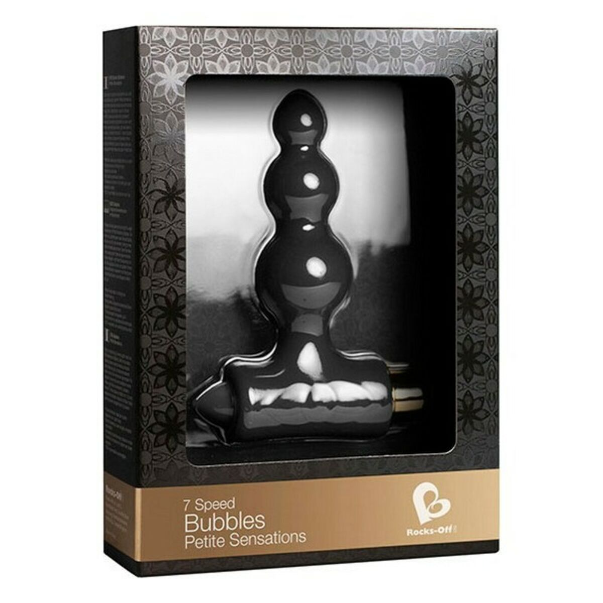 Ein schwarzes Sexspielzeug in einer Box mit Text. Text: 7 Speed Bubbles Petite Sensations.