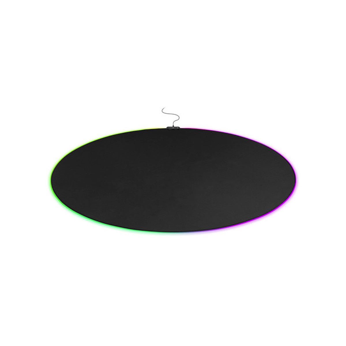 Black oval light fixture. The edges are colored green and purple. White background.