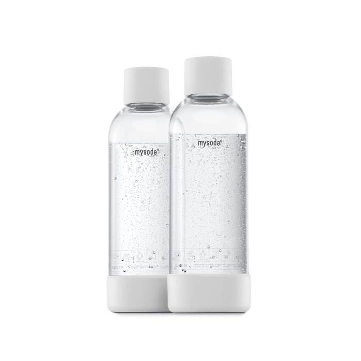 Zwei transparente Wasserflaschen mit weißen Deckeln und Böden, beschriftet mit 'mysoda', auf weißer Oberfläche.