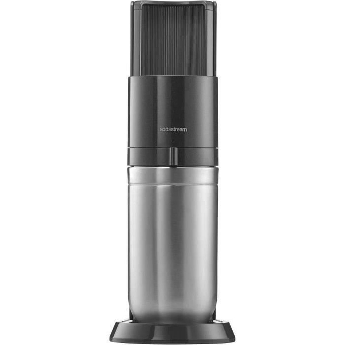 Un SodaStream nero e argento, con parte superiore nera e inferiore argento.